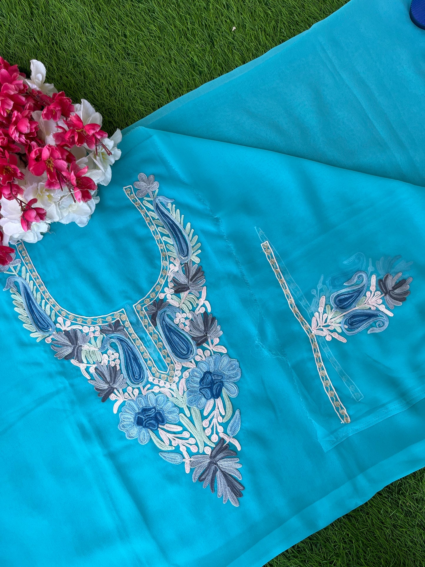 Sky Blue Georgette Aari Embroidered Unstitched Kurta Material