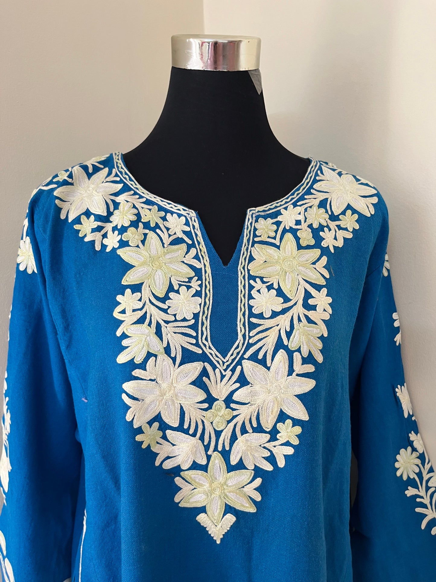 Peacock Blue Aari Embroidered Wool Pheran