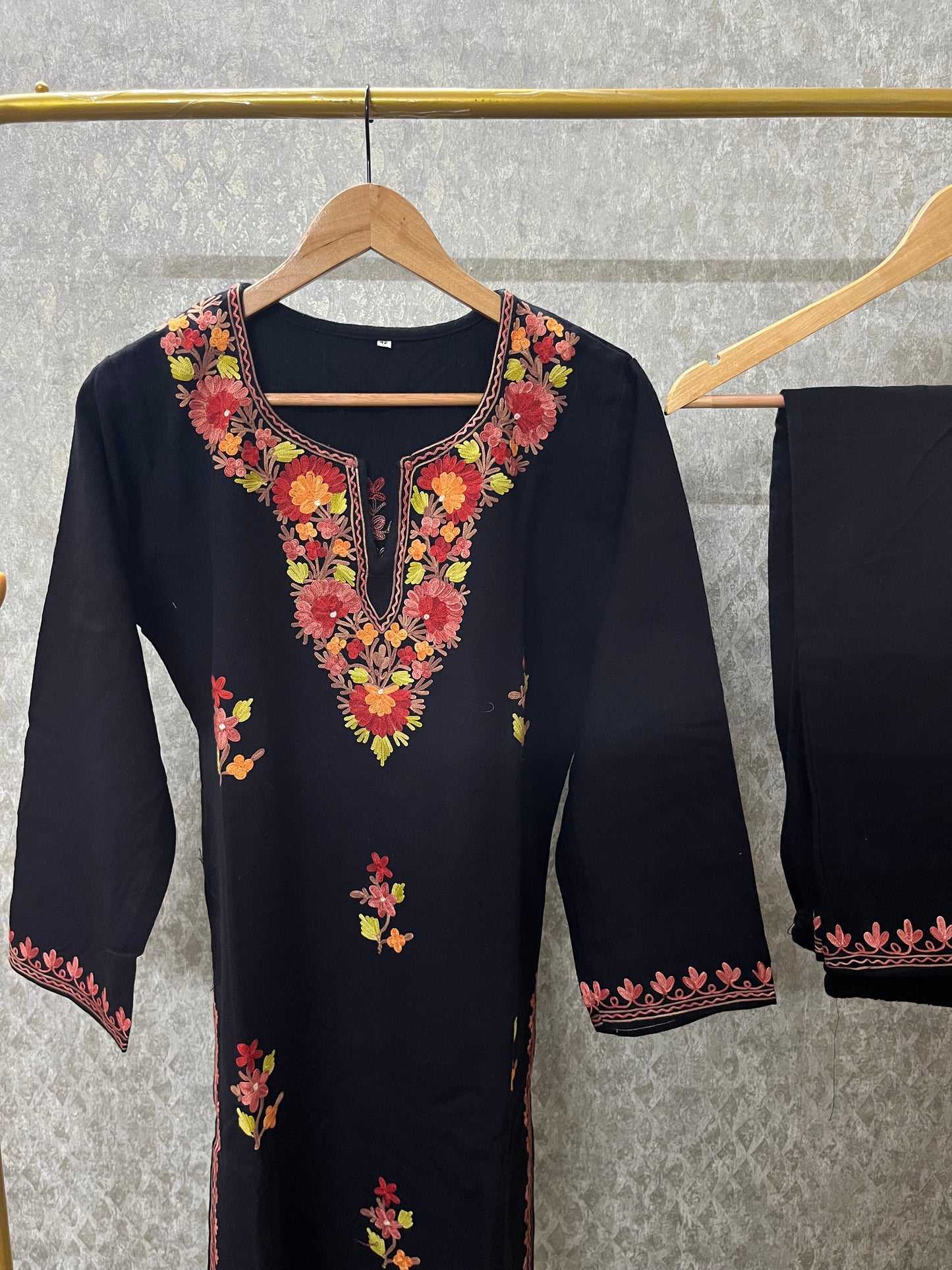 Black Woollen Kashmiri Co-Ord Set ( Size 36)