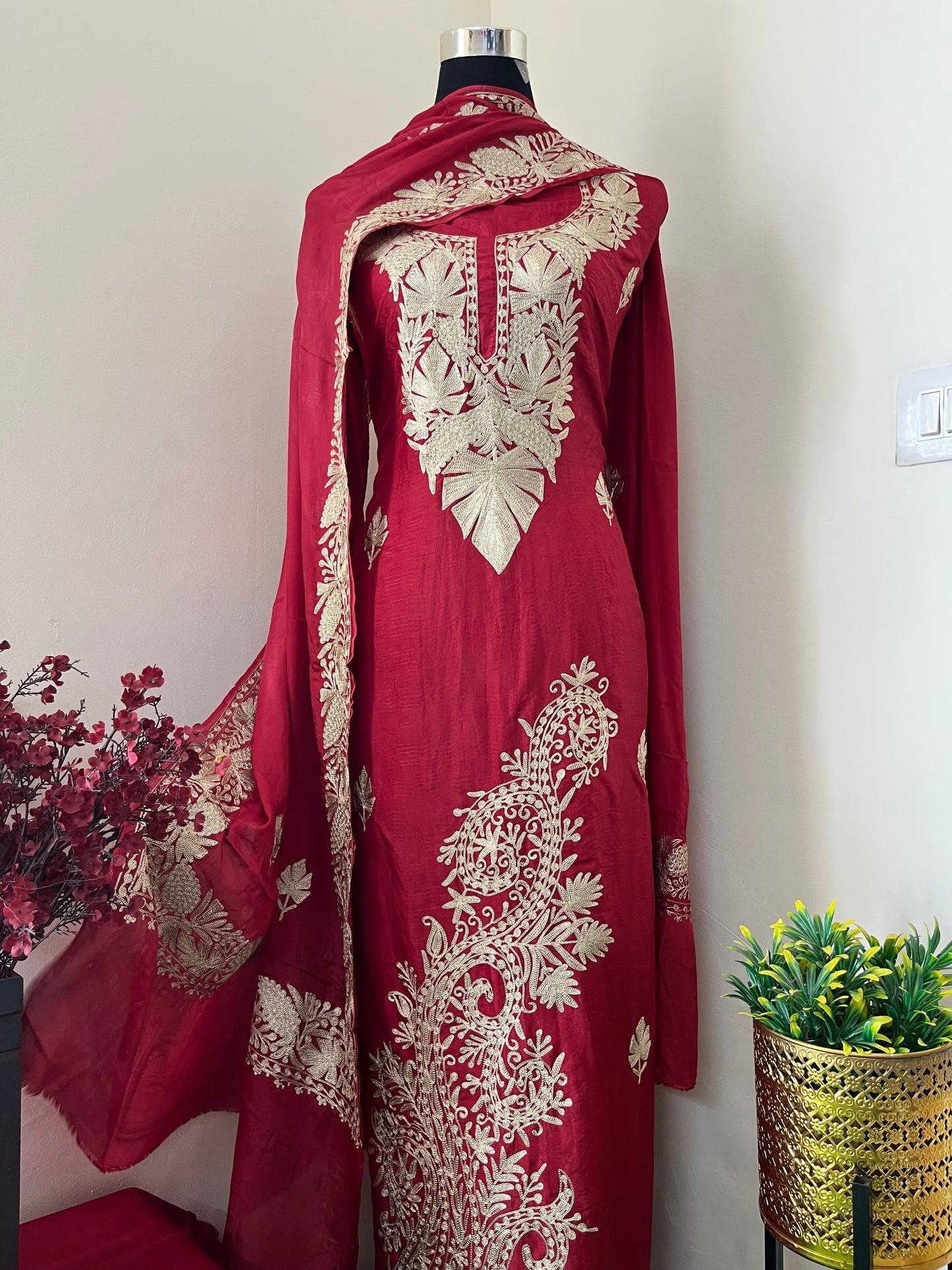 Maroon Silk Tilla Embroidered Suit material