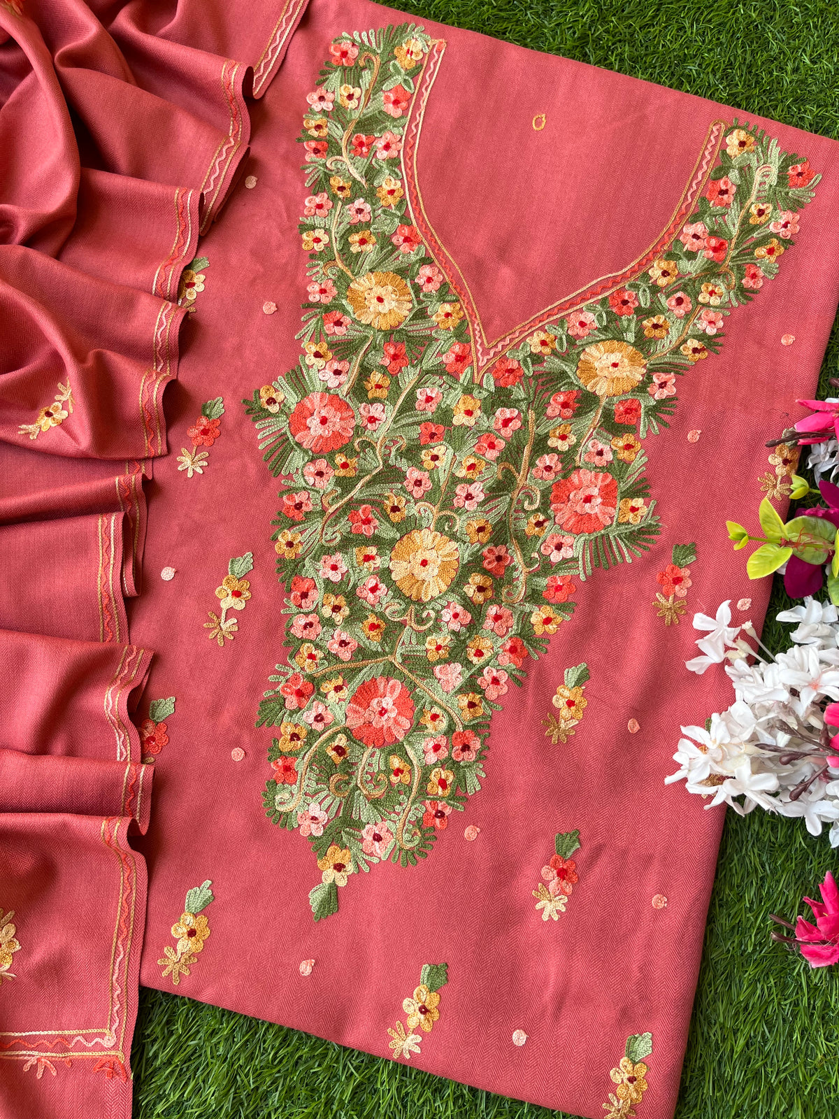 Pink Woollen Aari Embroidered 3pc suit