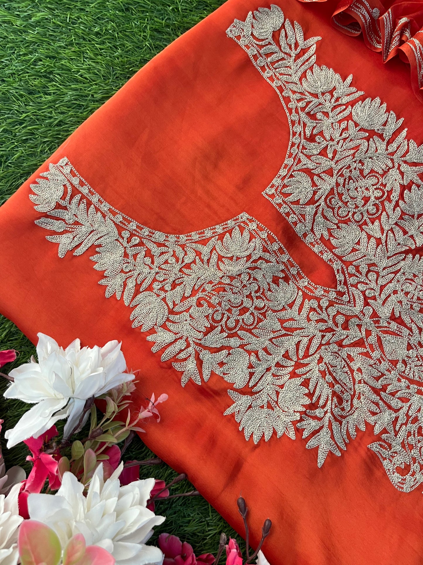 Rust Orange Silk Tilla Kashmiri Suit