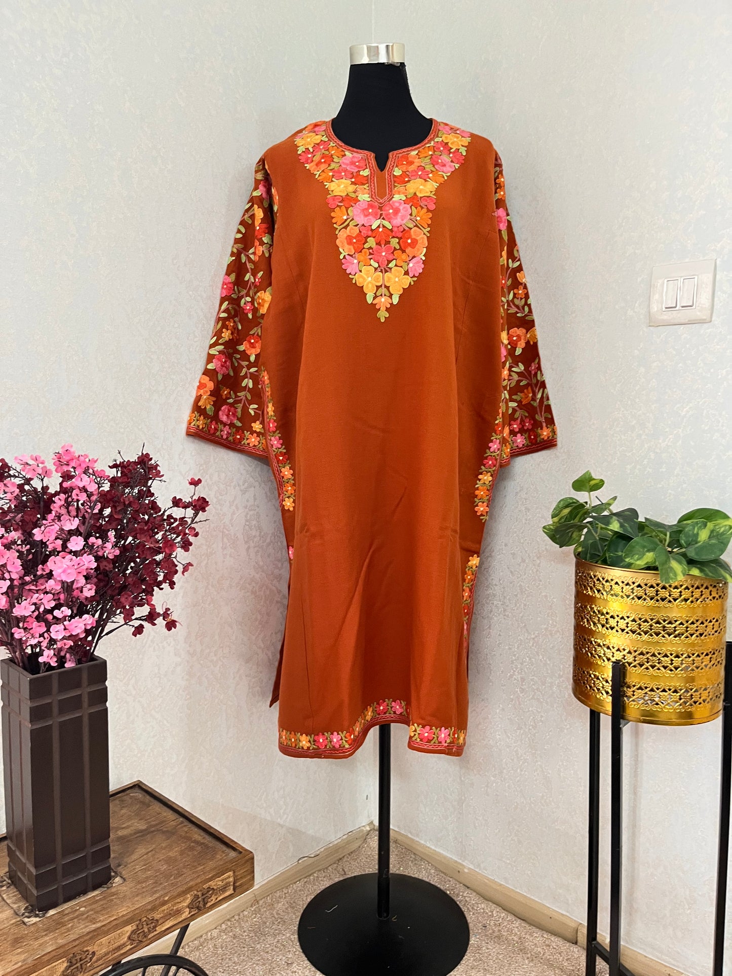 Orange Aari Embroidered Wool Pheran