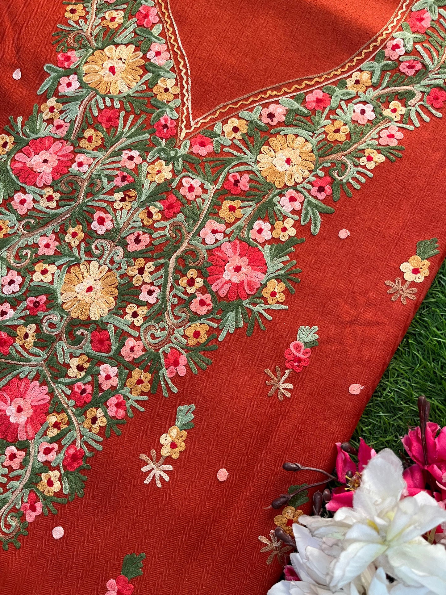 Rust Orange Woollen Aari Embroidered 3pc suit