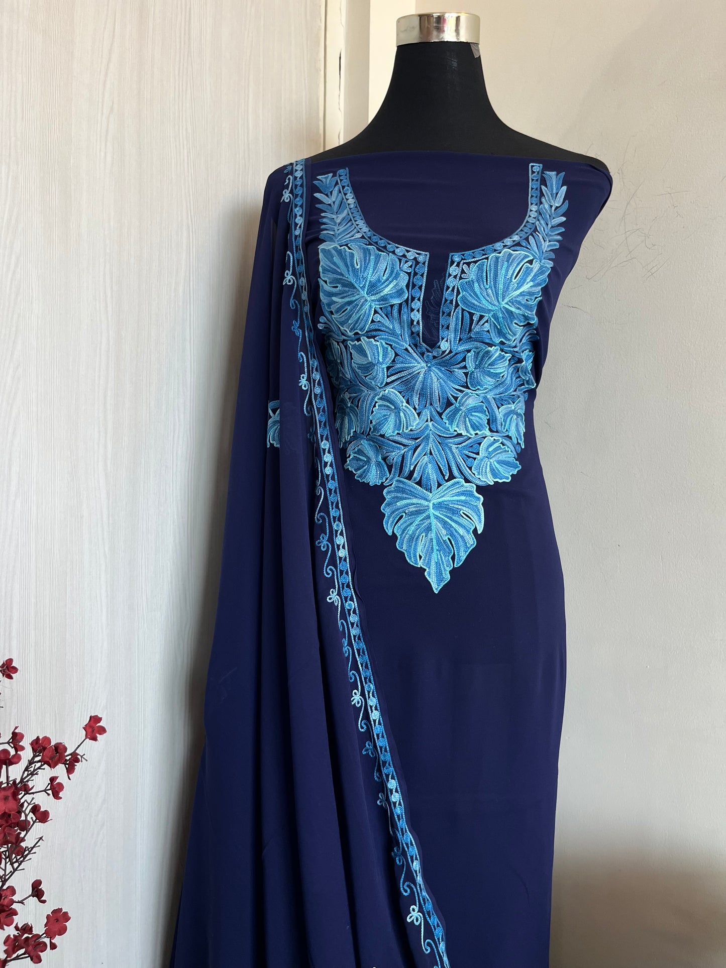 Georgette Blue 3 Pc Aari Embroidered Suit Set