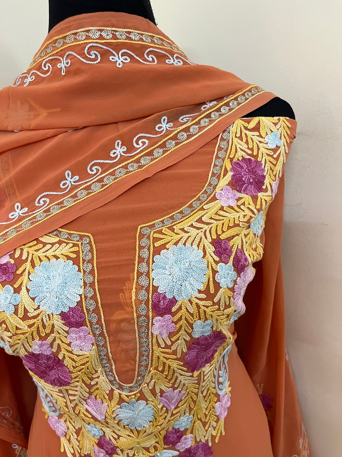Soft Orange Georgette 3 Pc Aari Embroidered Suit Set