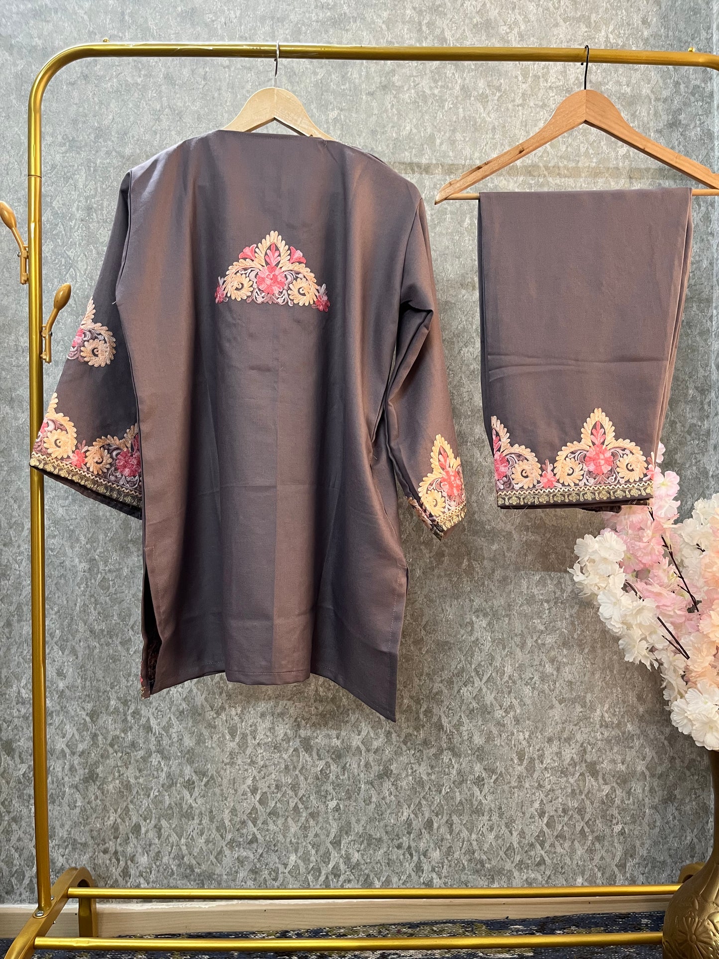 Light Coffee Woollen Kashmiri Co-Ord Set ( Size 40)