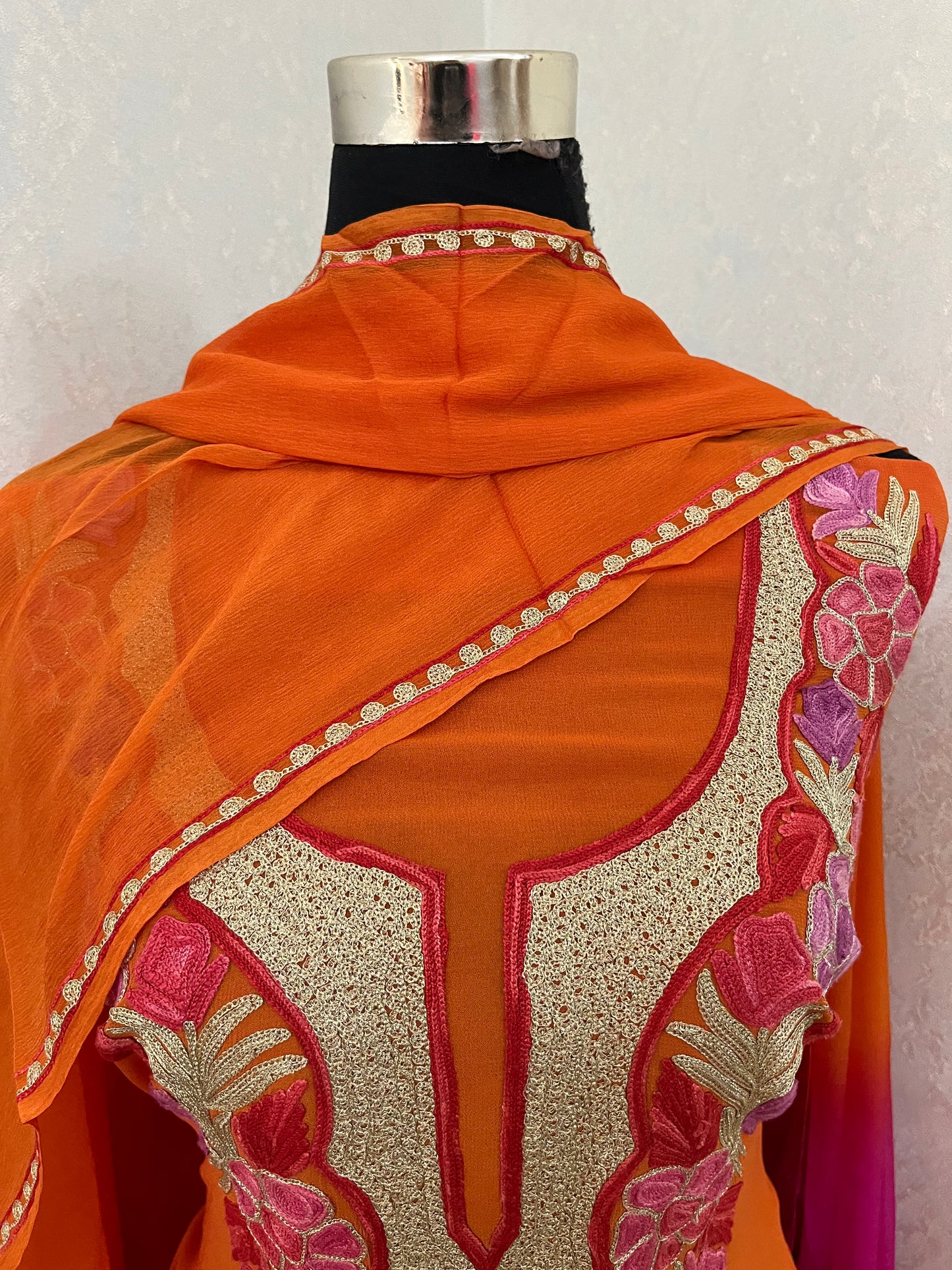 Orange Pure Georgette Double Shade Kashmiri Suit