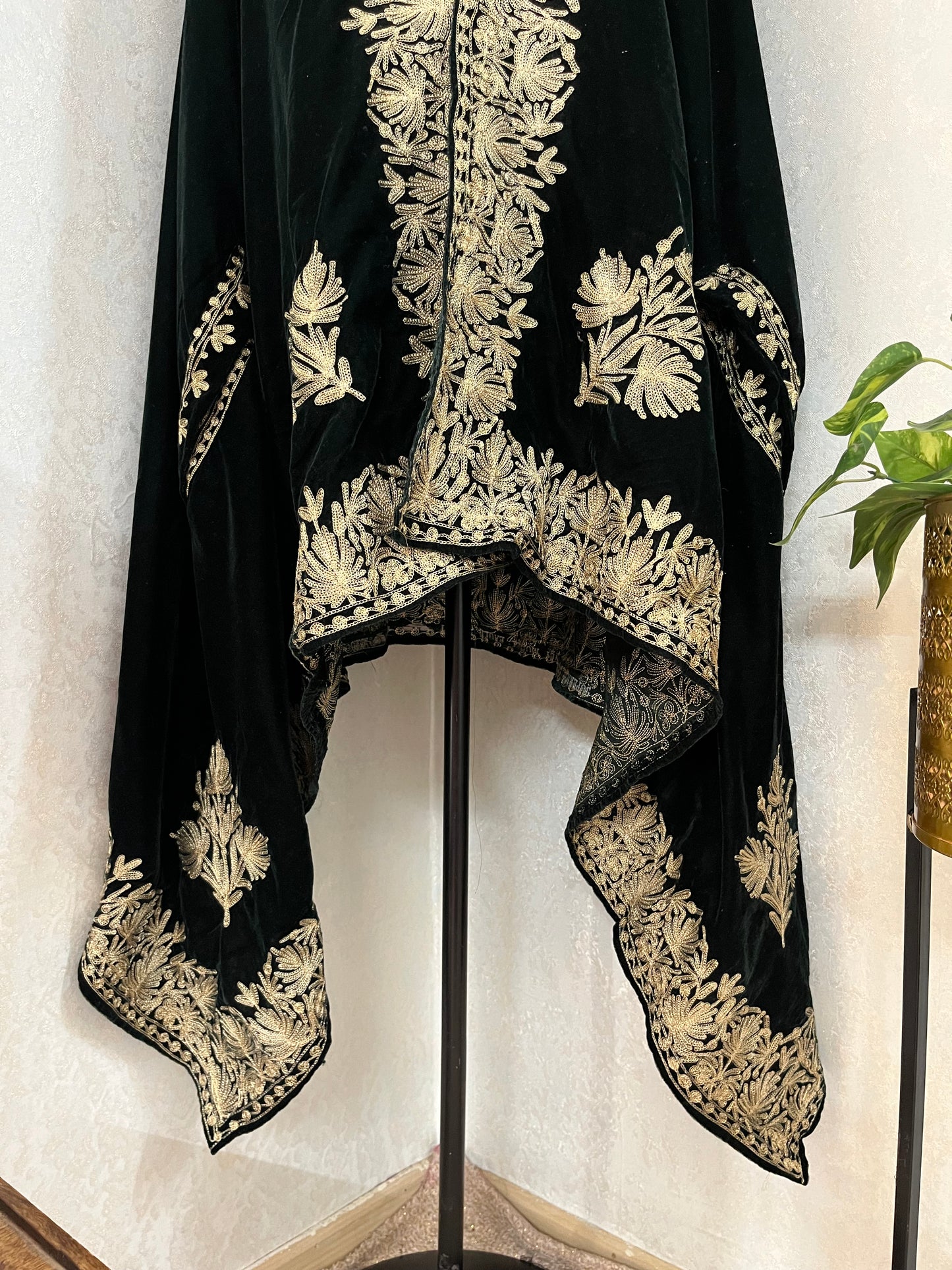 Bottle Green Tilla Embroidered Velvet Cape