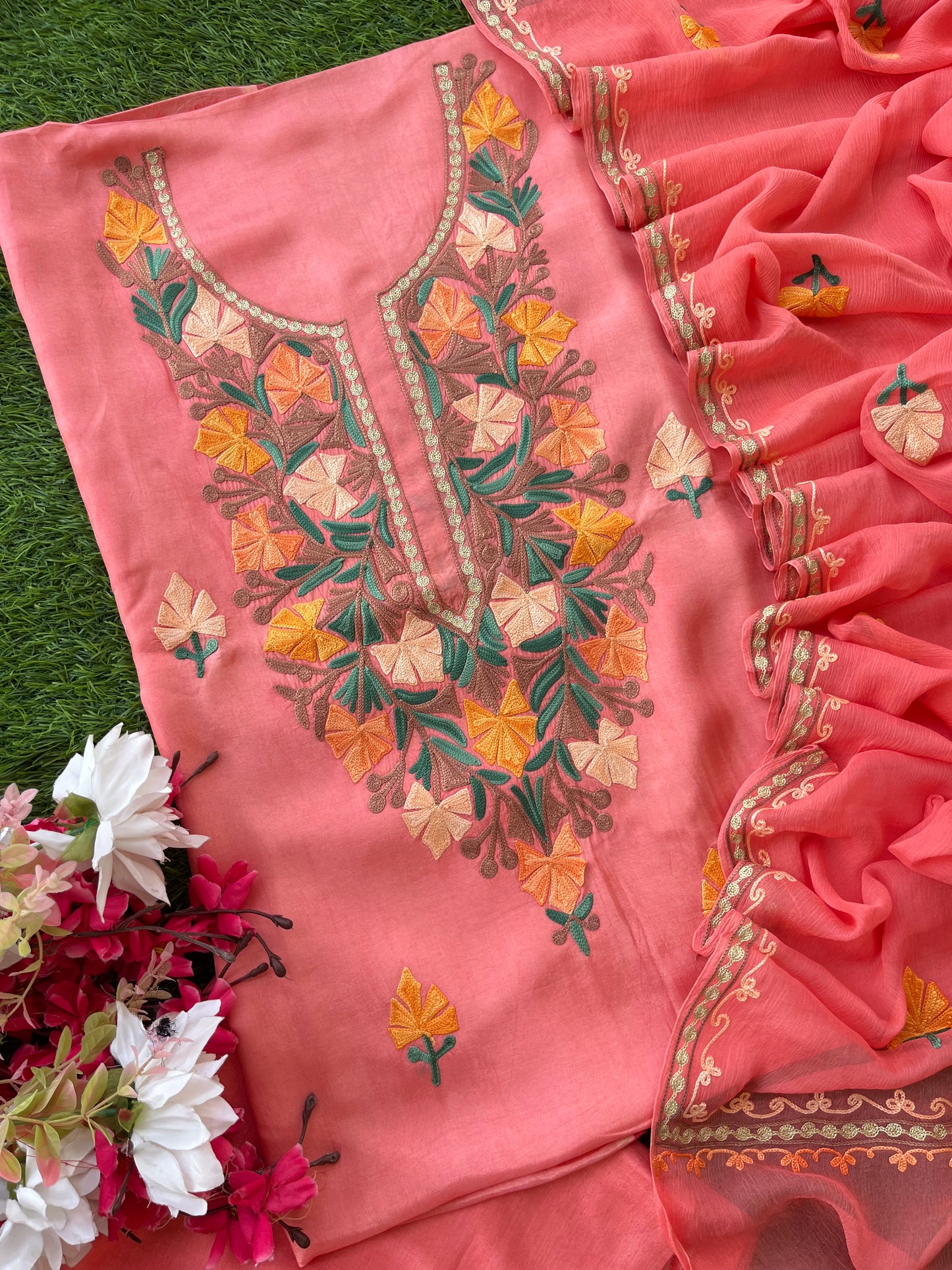 Peach Opada Silk Kashmiri Suit