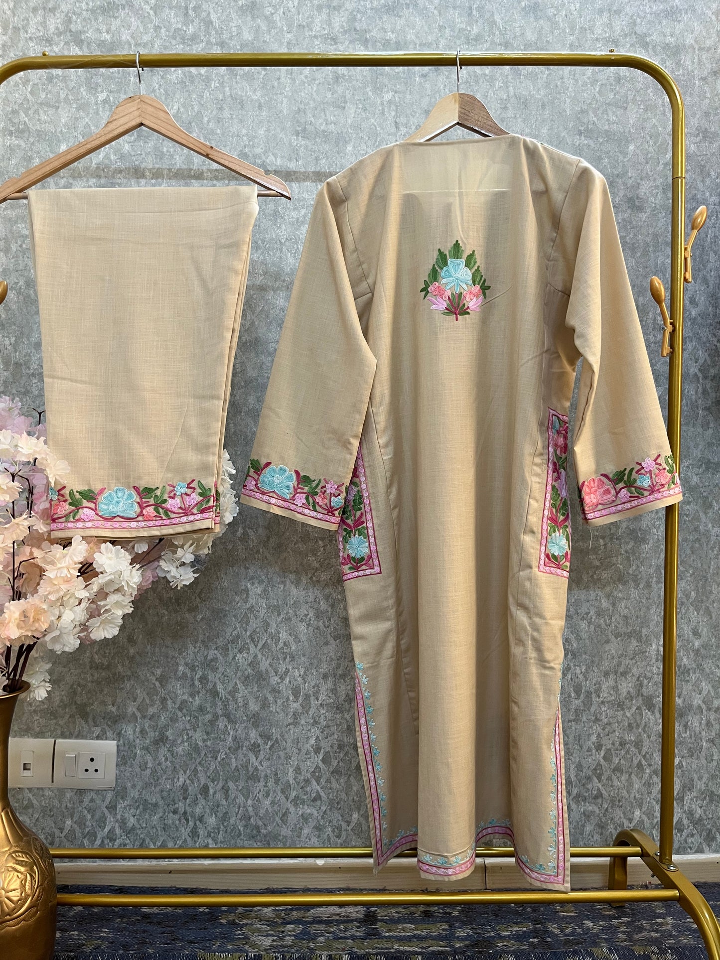 Beige Cotton Pheran Set