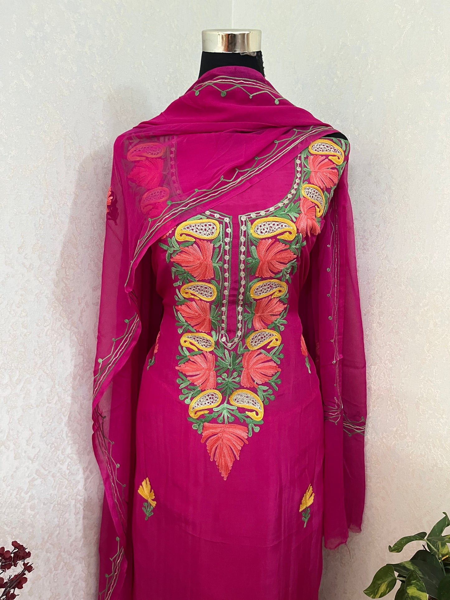 Hot Pink Opada Silk Kashmiri Suits