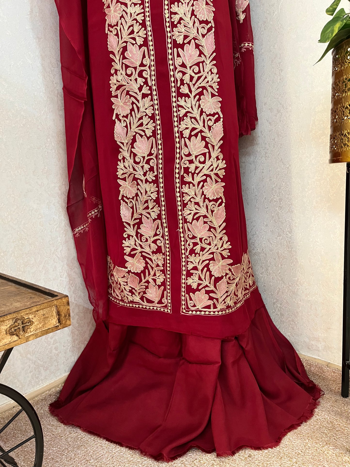 Maroon Pure Georgette Achkan Kashmiri Suit
