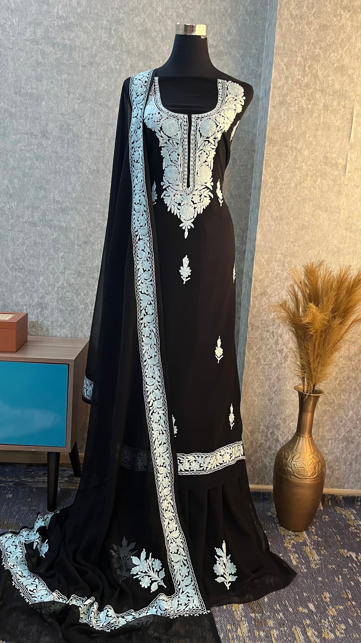 Georgette Black 3 Pc Kashmiri Suit