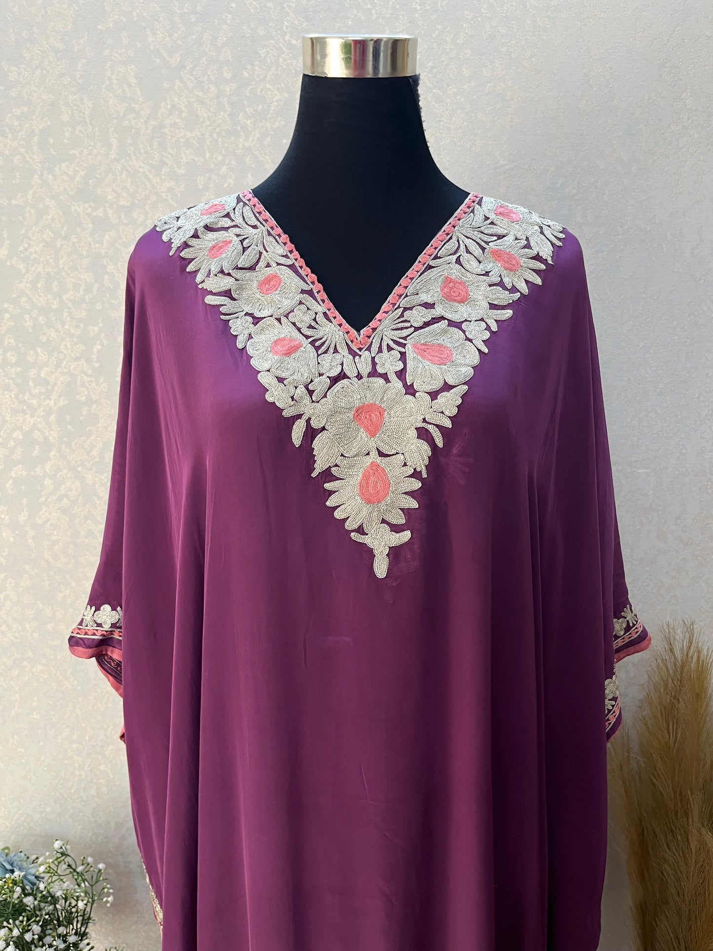 Wine Crape Kashmiri Kaftan Set size