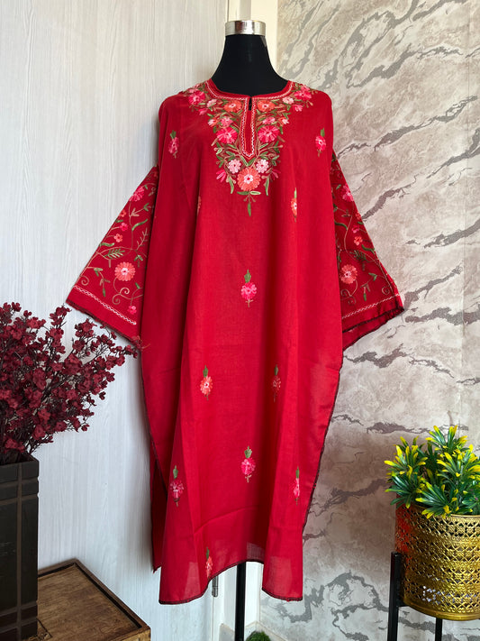 ‘Bageecha’ Red Cotton Semi Stitched Cream Aari Work Kurti