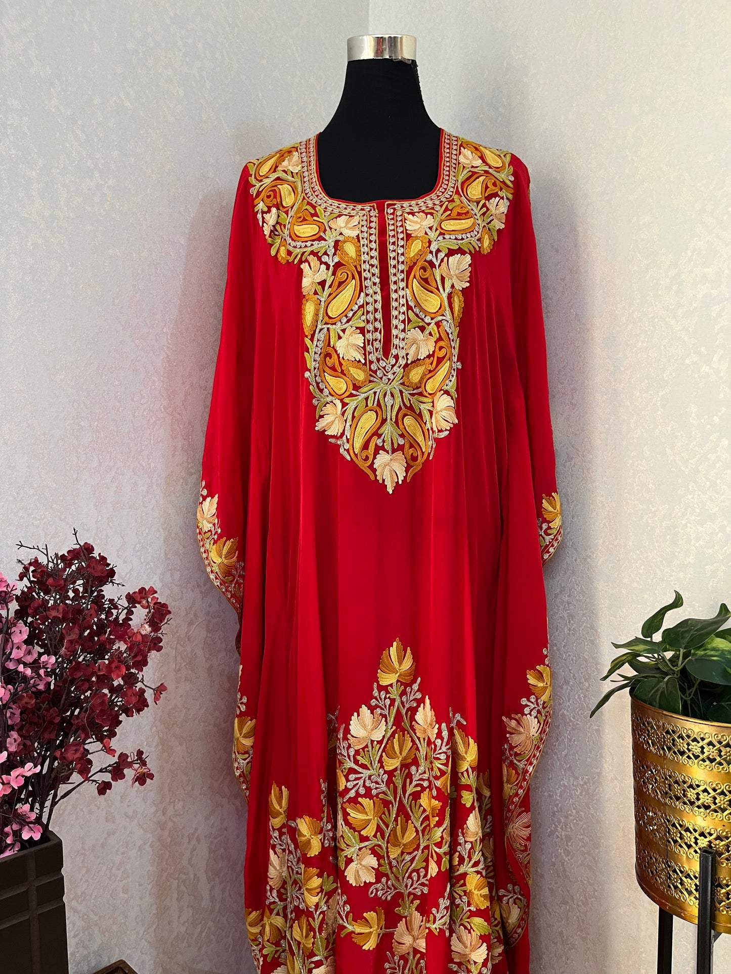 Red Pure Crape Kashmiri Kaftan