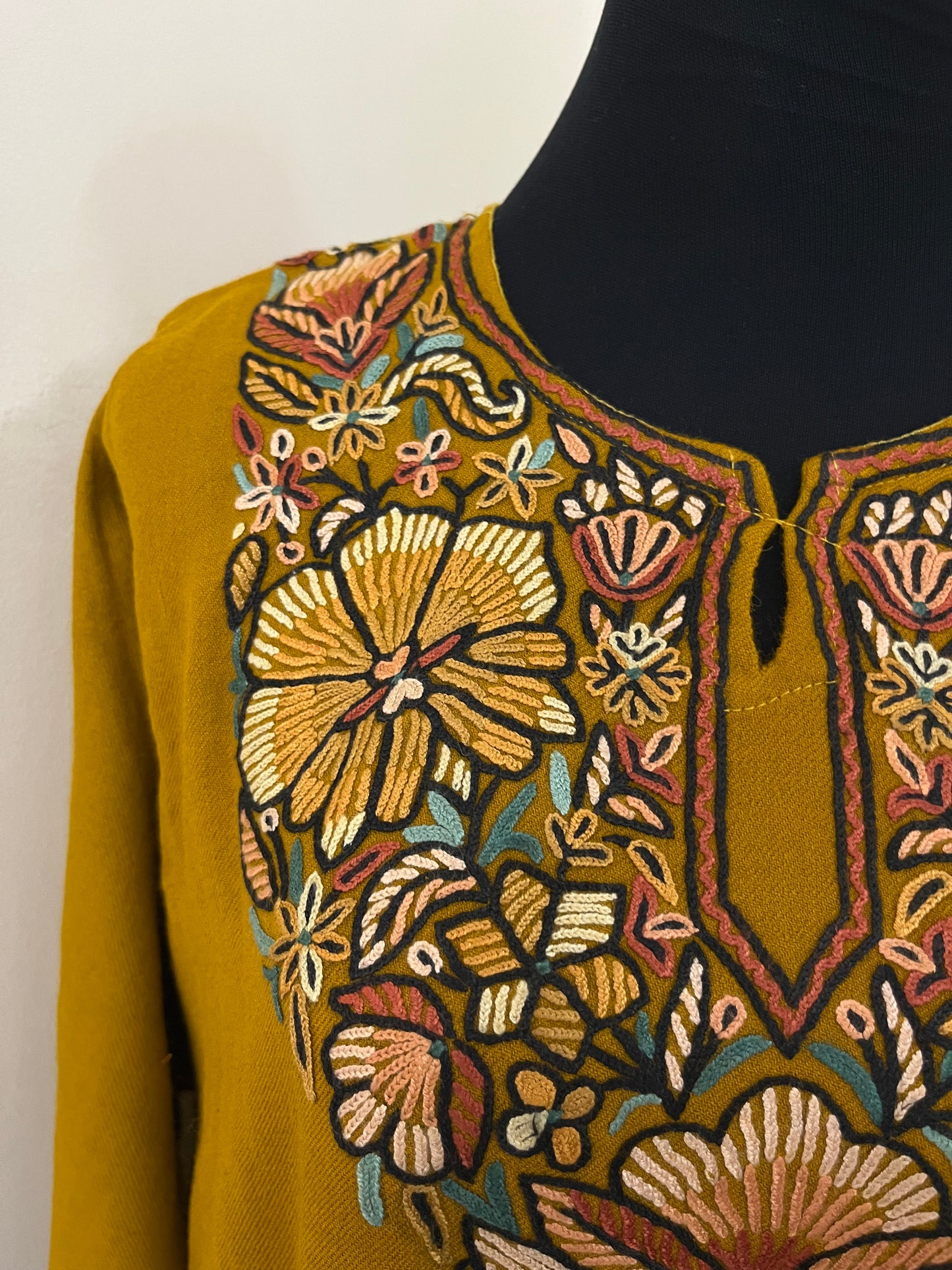 Mustard Yellow Aari Hand Embroidered Pure Wool Pheran