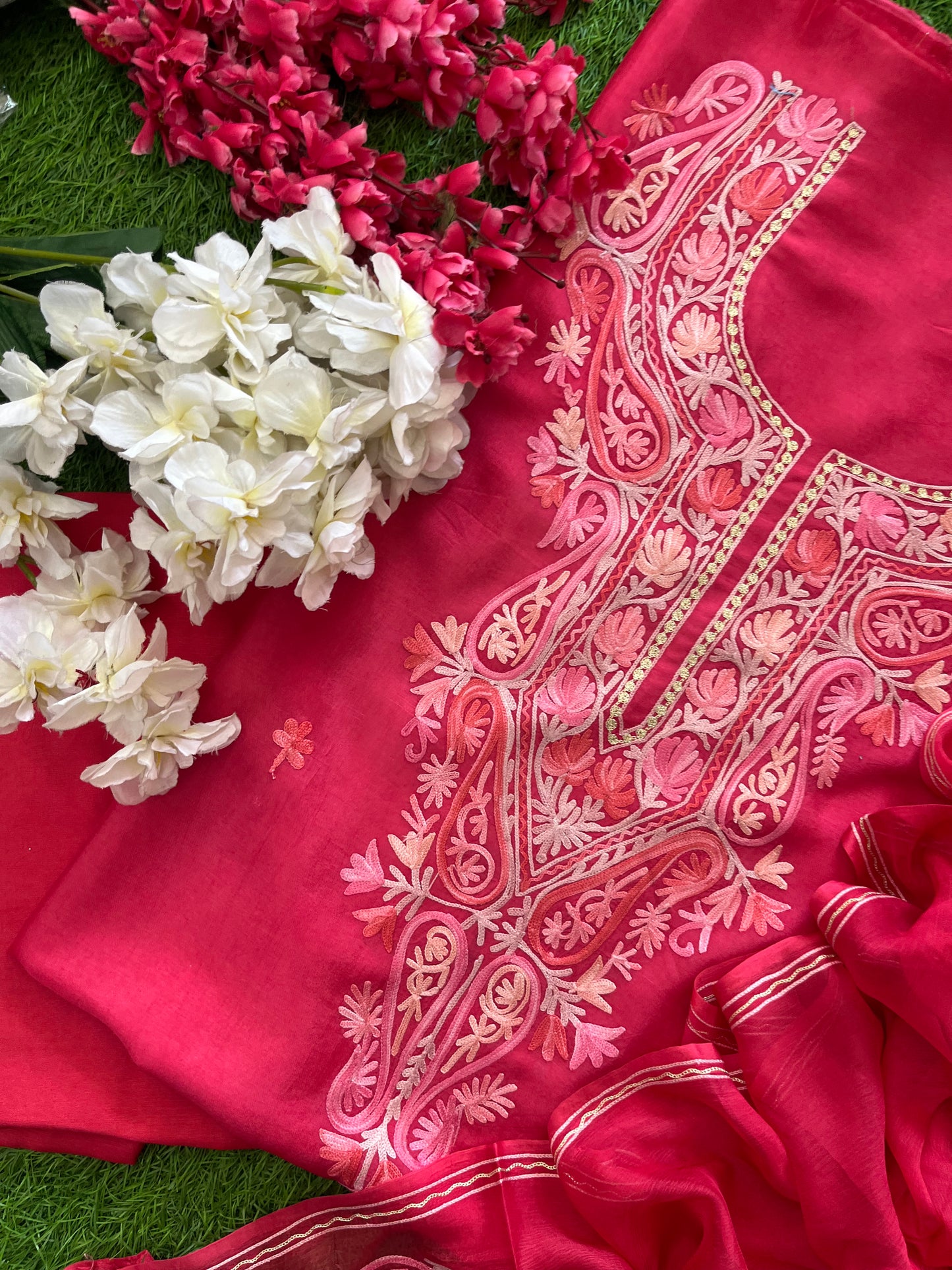 Carrot Pink Opada Silk Aari Embroidered Suit material