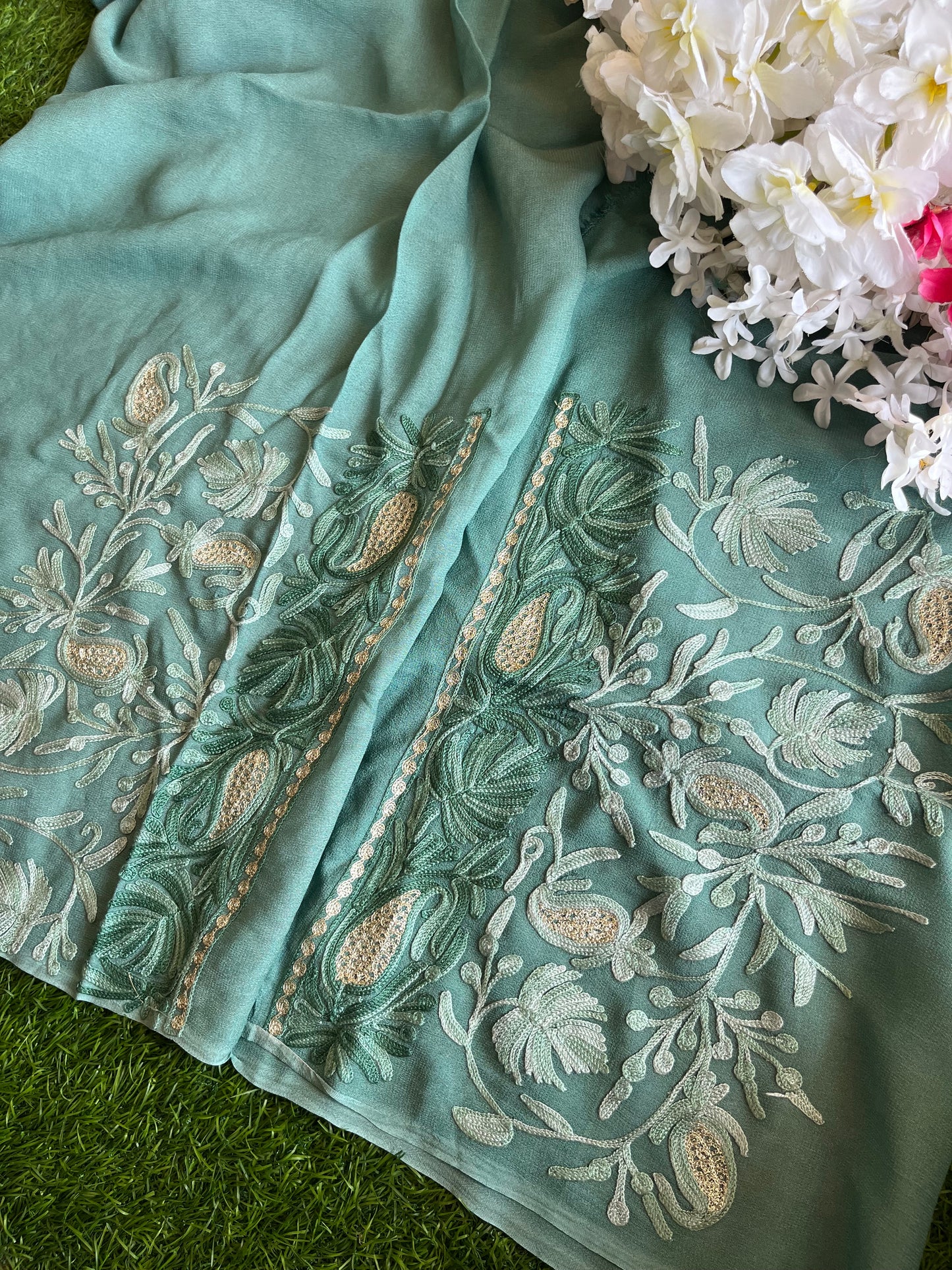 Pastel Green Pure Georgette Aari Embroidered Suit