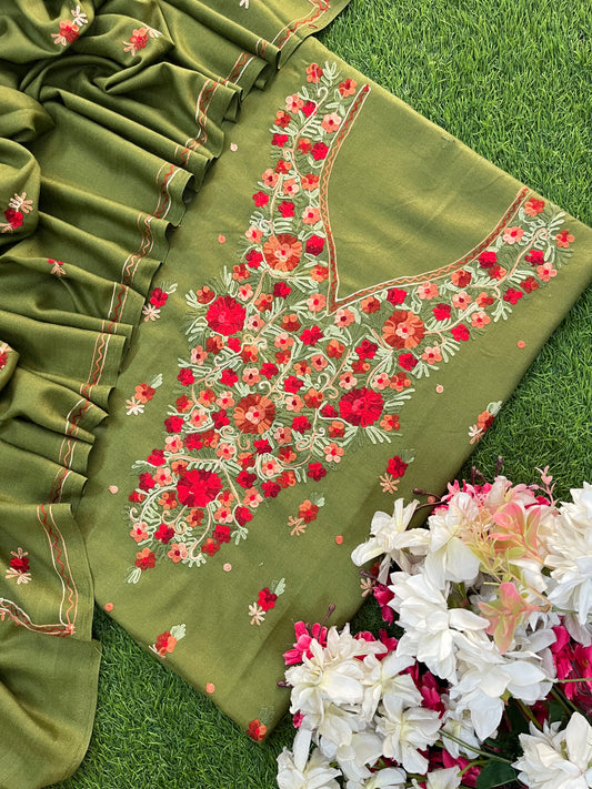 Heena Green Woollen Aari Embroidered 3pc suit