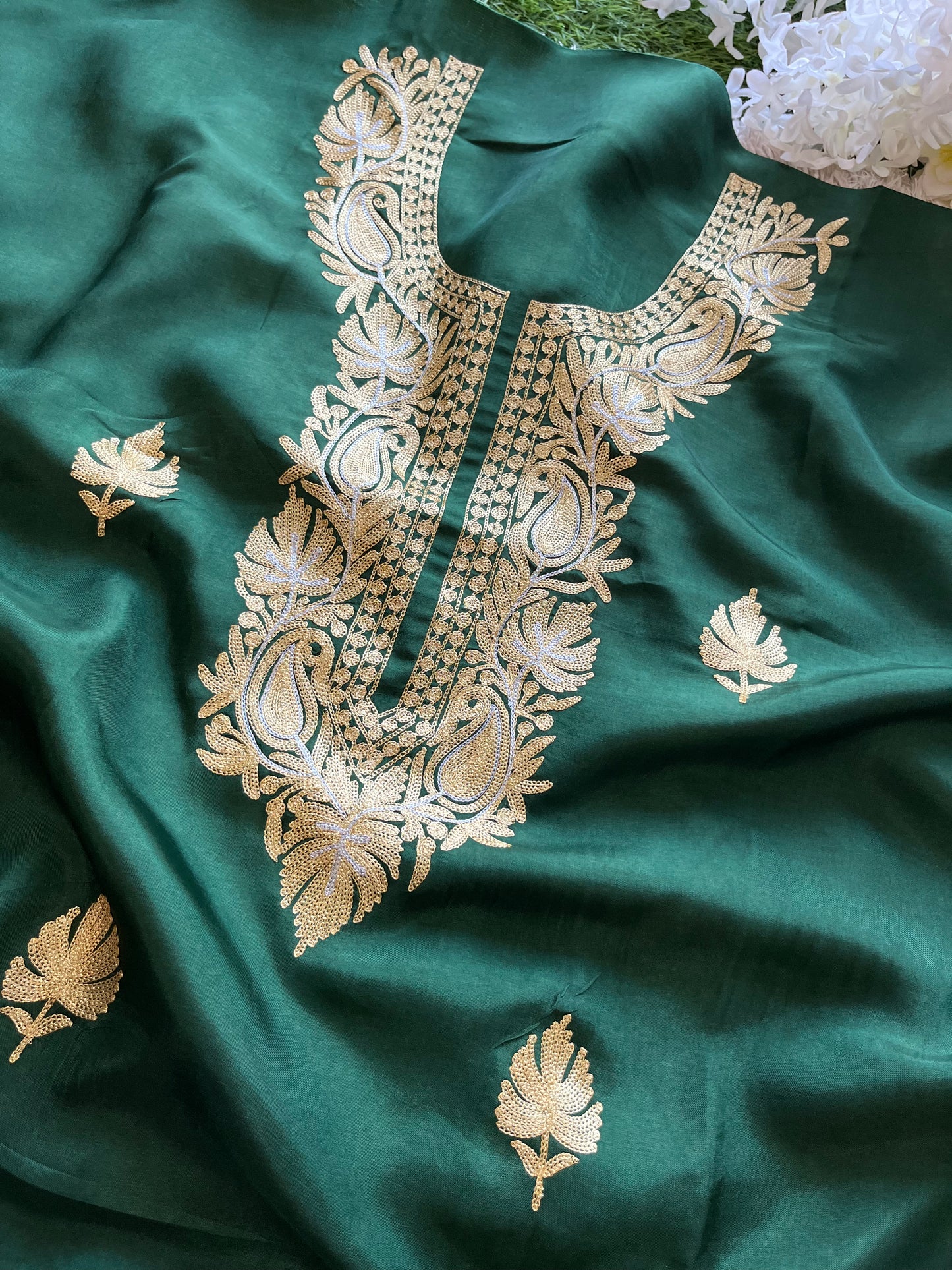 ‘Kalaa’ Forest Green Opada Silk Tilla Embroidered Suit material (on order)