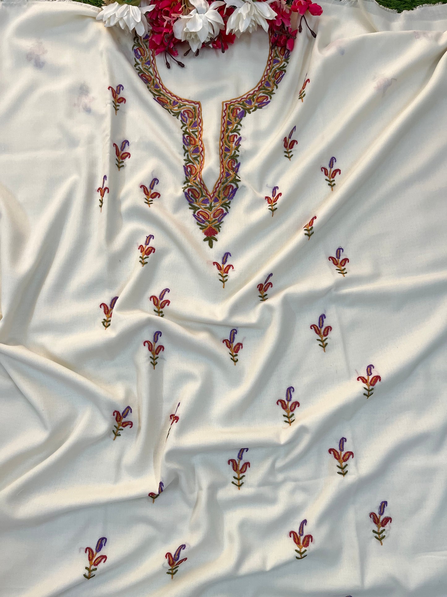 Off White Cotton Two Piece Suit (Hand Embroidered)