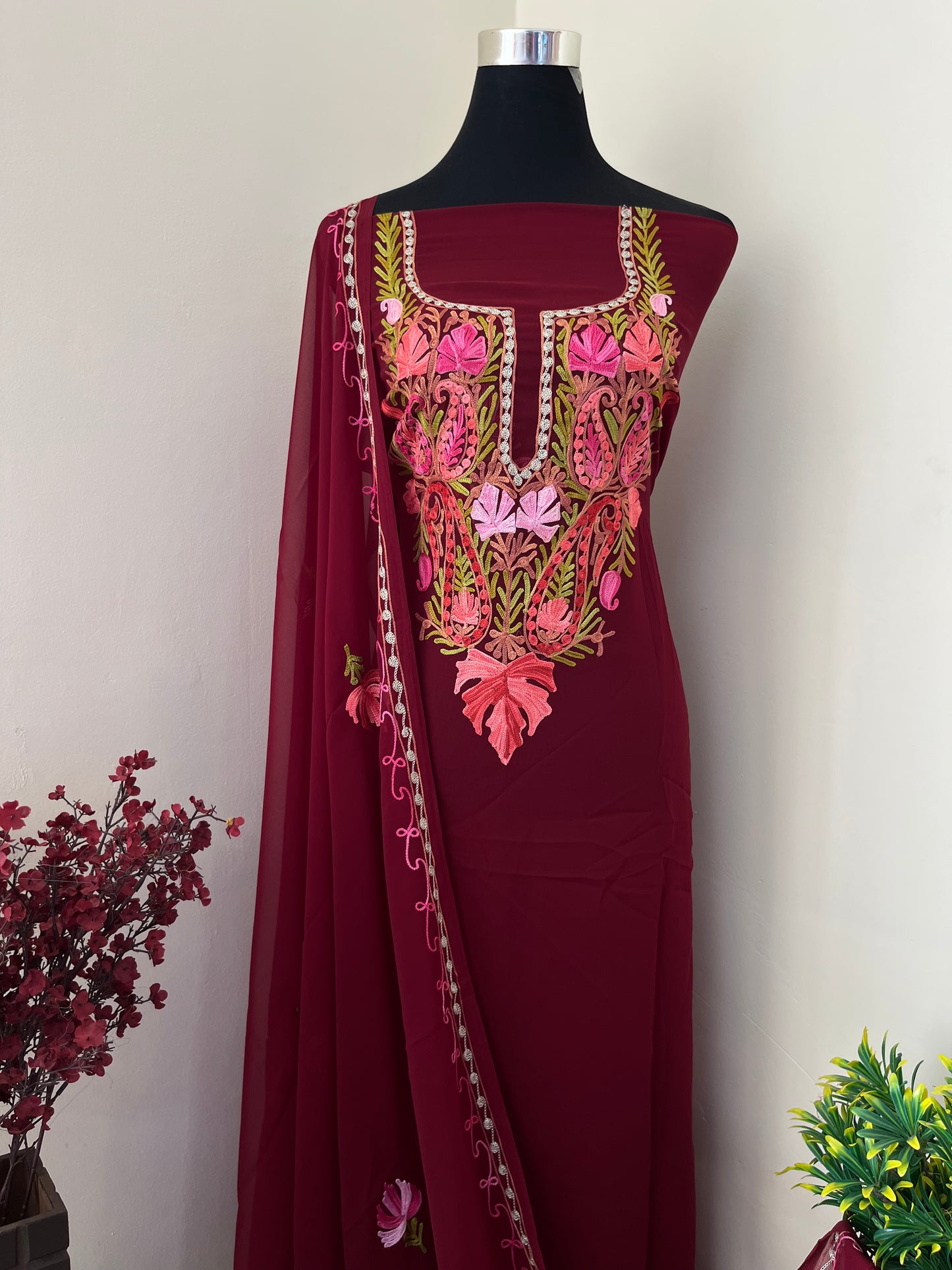 Maroon Georgette Shirt and Dupatta Aari Embroidered Suit