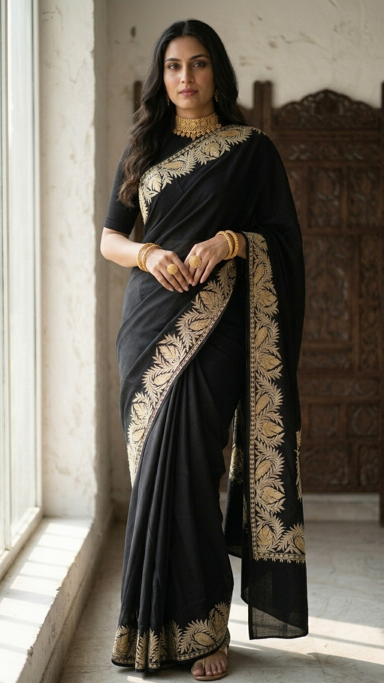 Black Crape Kashmiri Saree