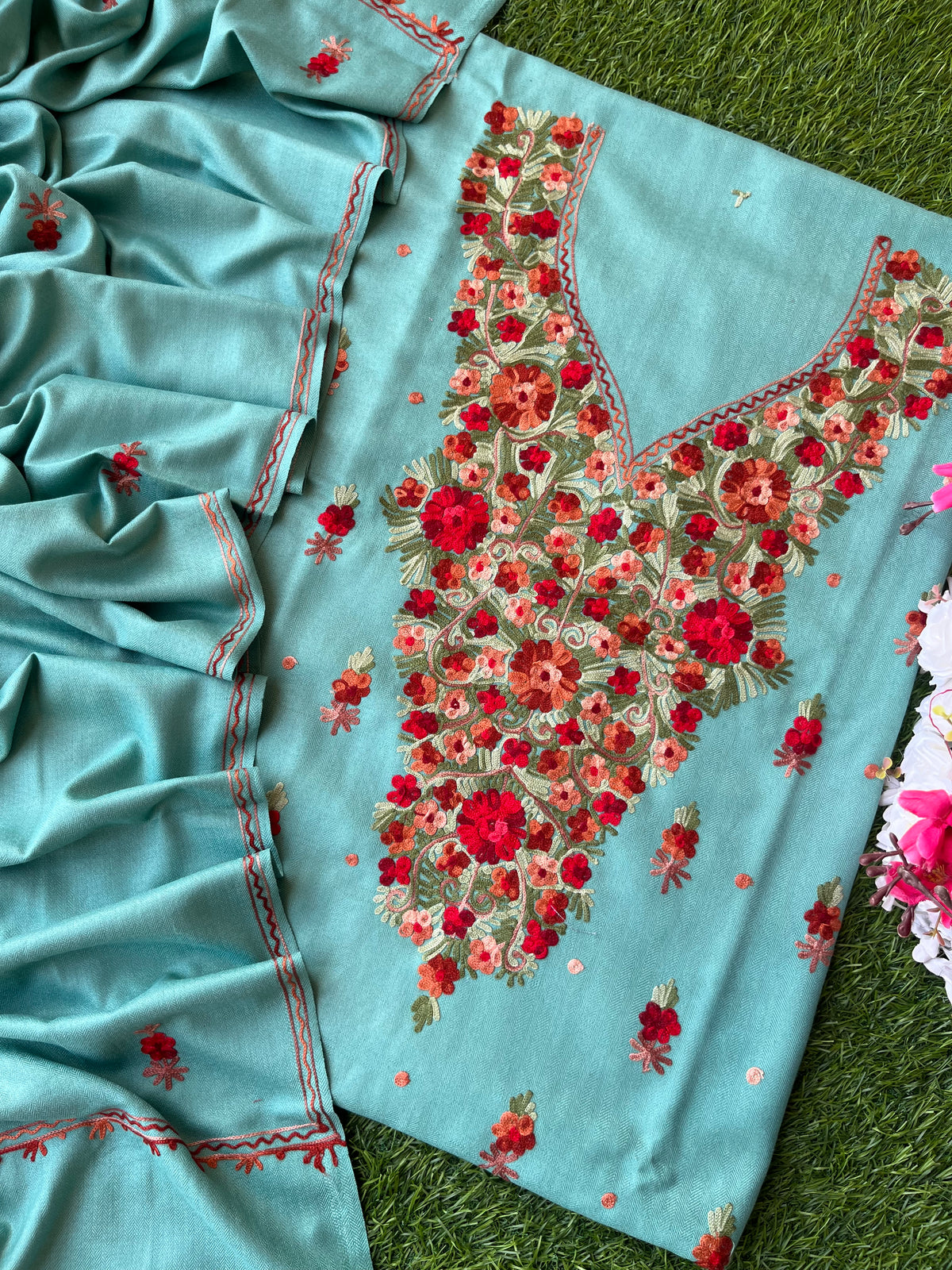 Blue Woollen Aari Embroidered 3pc suit