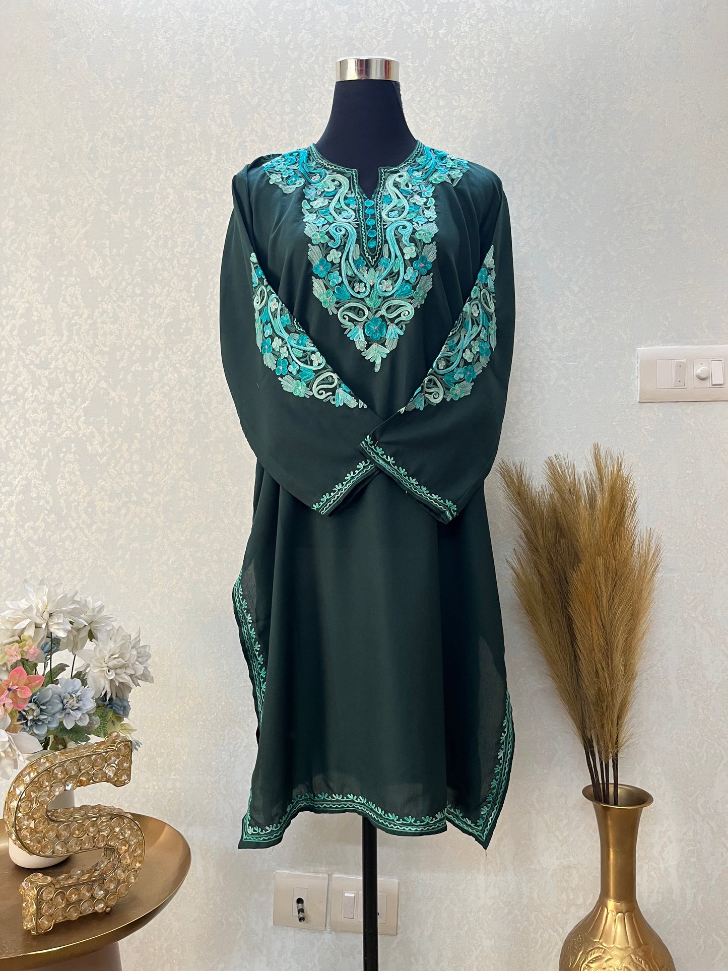 Green Cotton Aari Work Kurta