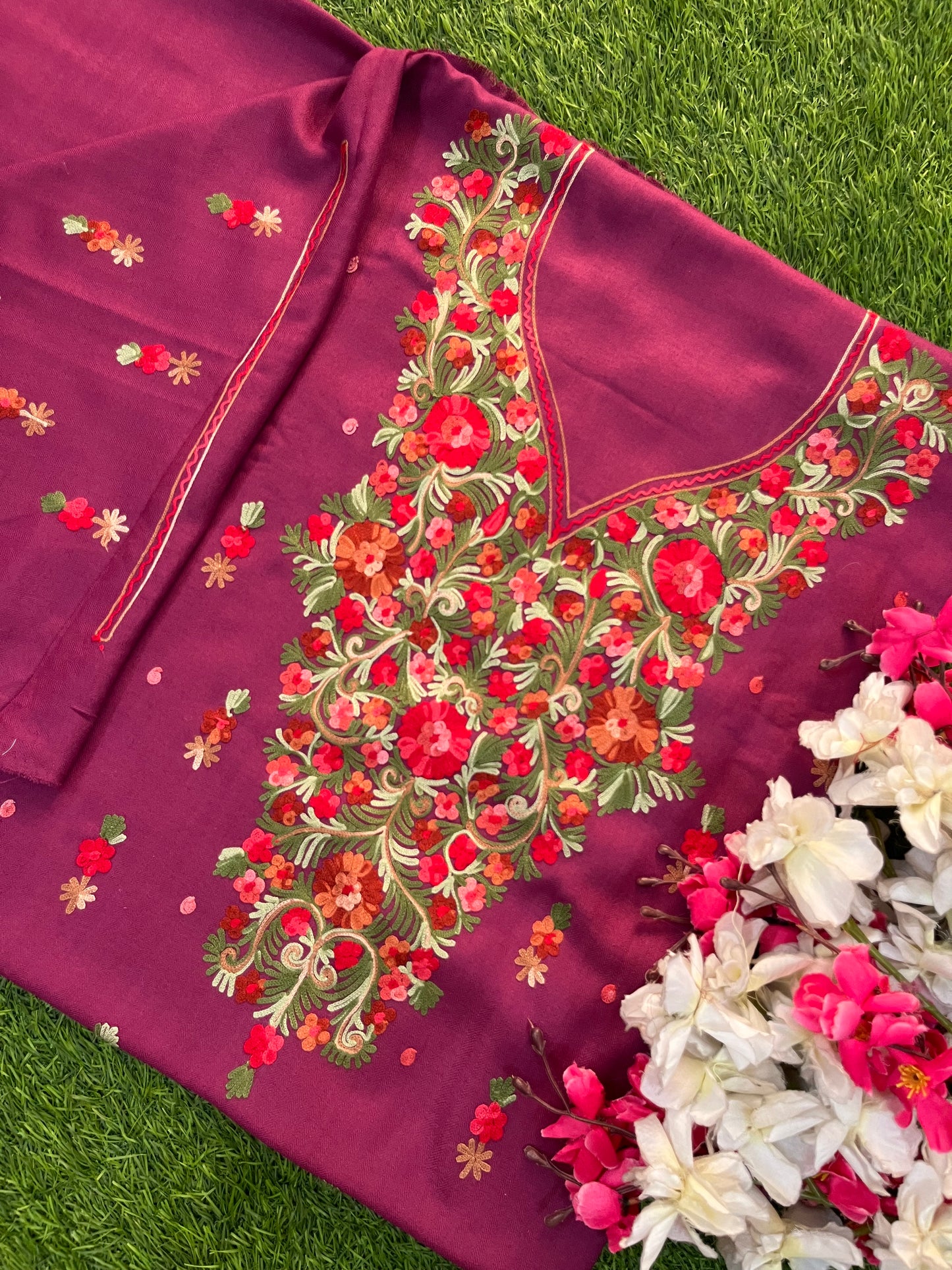 Wine Woollen Aari Embroidered 3pc suit