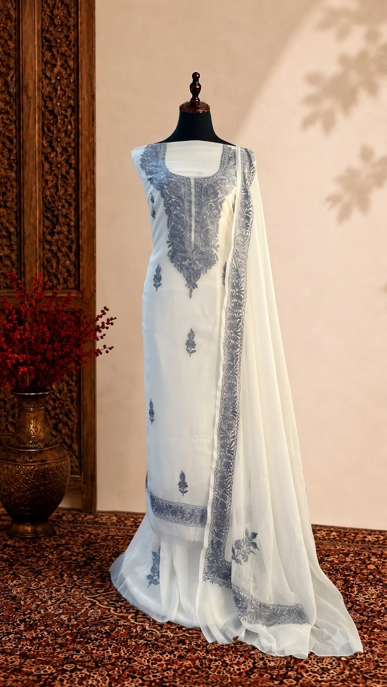 Off White Georgette Aari Embroidered Suit Set