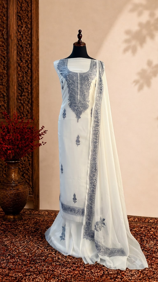 Off White Georgette Aari Embroidered Suit Set