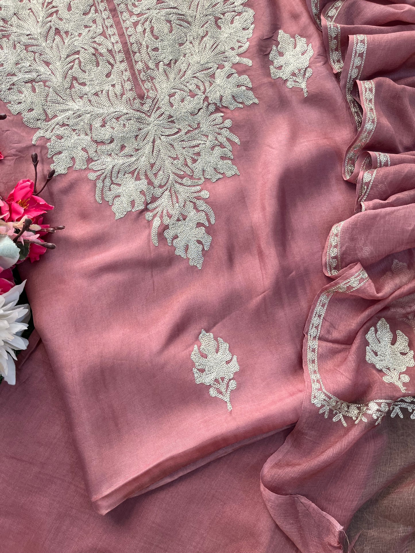 Onion Pink Silk Tilla Kashmiri Suit