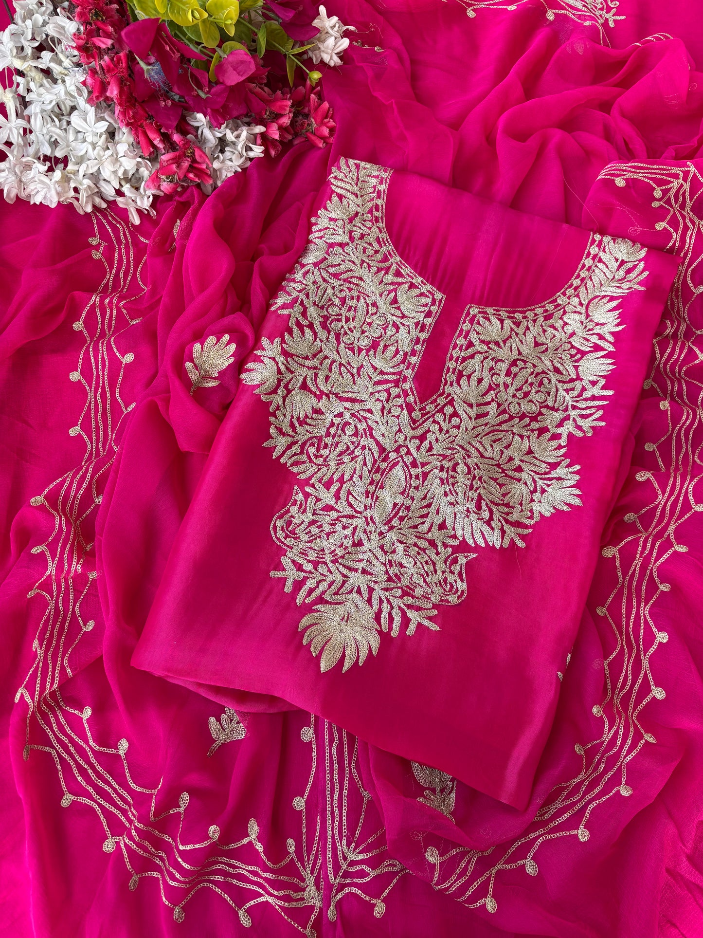 Hot Pink Silk Tilla Kashmiri Suit