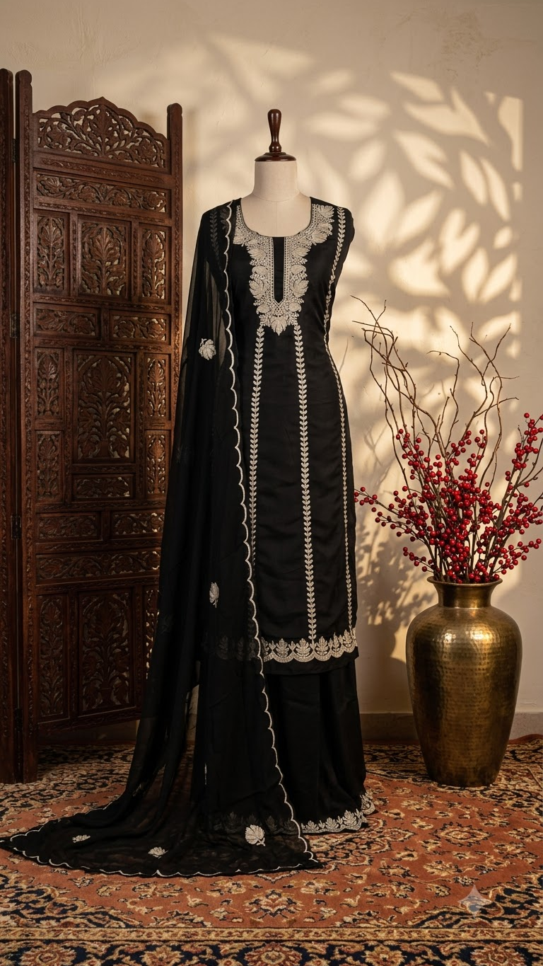 Black Sanam’ Silk Tilla Kashmiri Suit