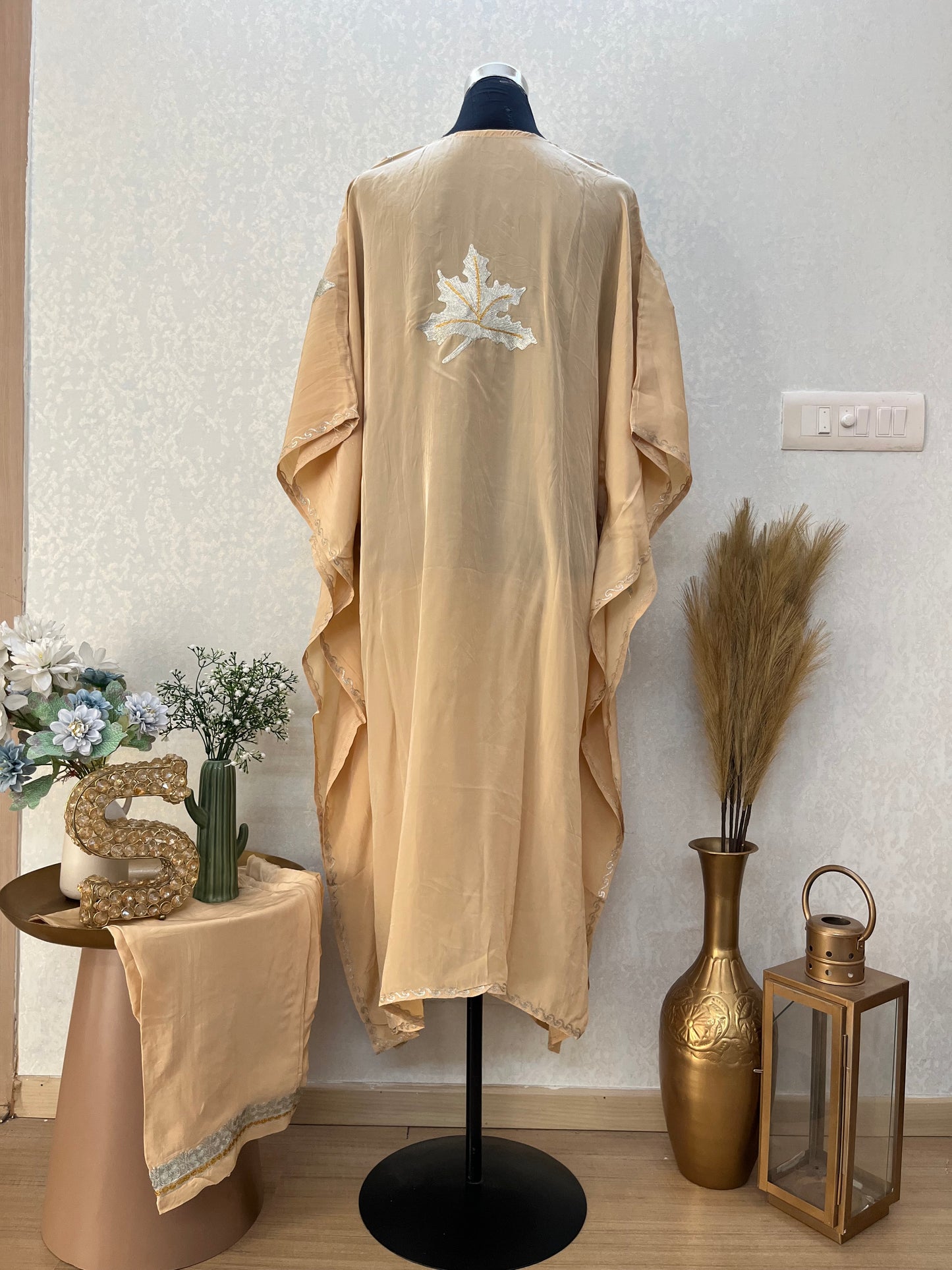 Beige Crape Kashmiri Kaftan Set