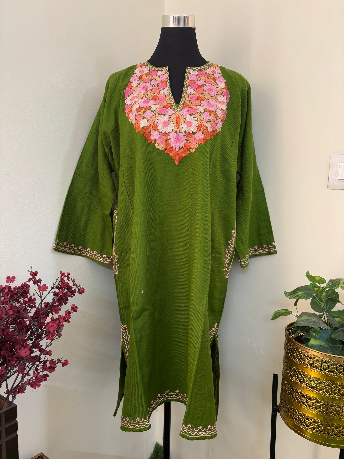 Henna Green Aari Embroidered Wool Pheran