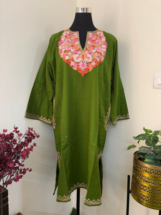 Henna Green Aari Embroidered Wool Pheran