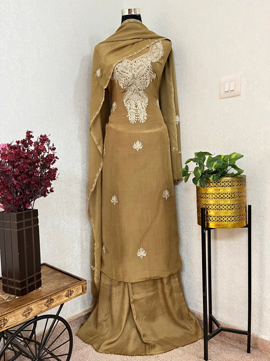 Army Geeen Silk Tilla Kashmiri Suit