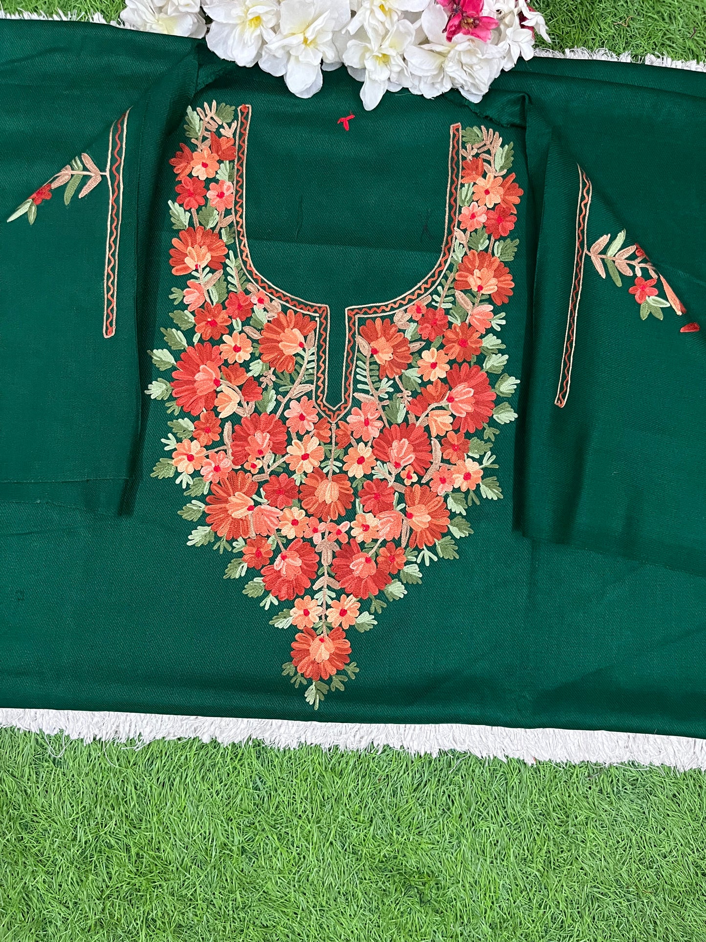 Bottle Green Woollen Aari Embroidered 2pc suit 5mtr