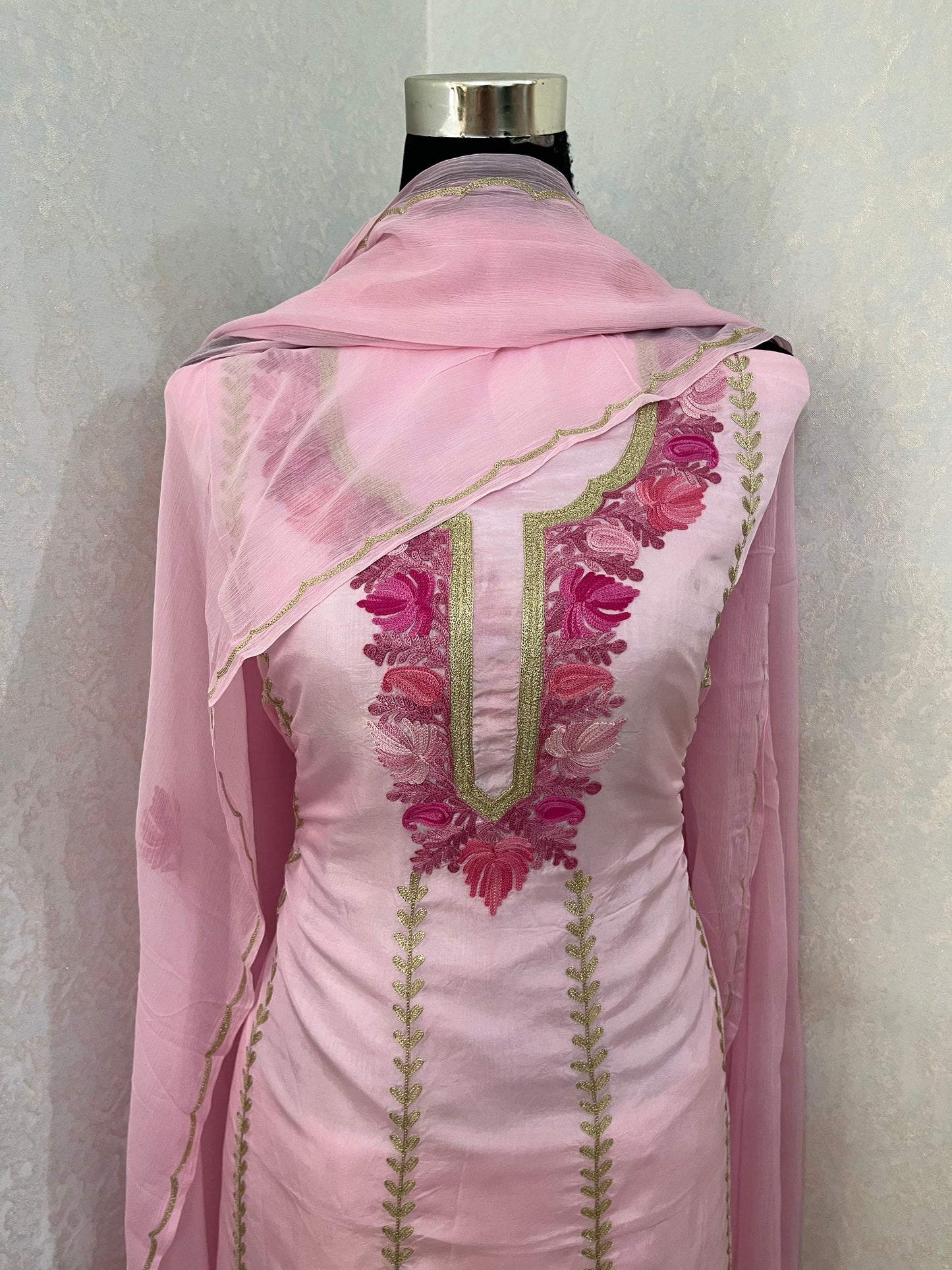 Sanam’ Soft Pink Silk Aari Embroidered Suit material