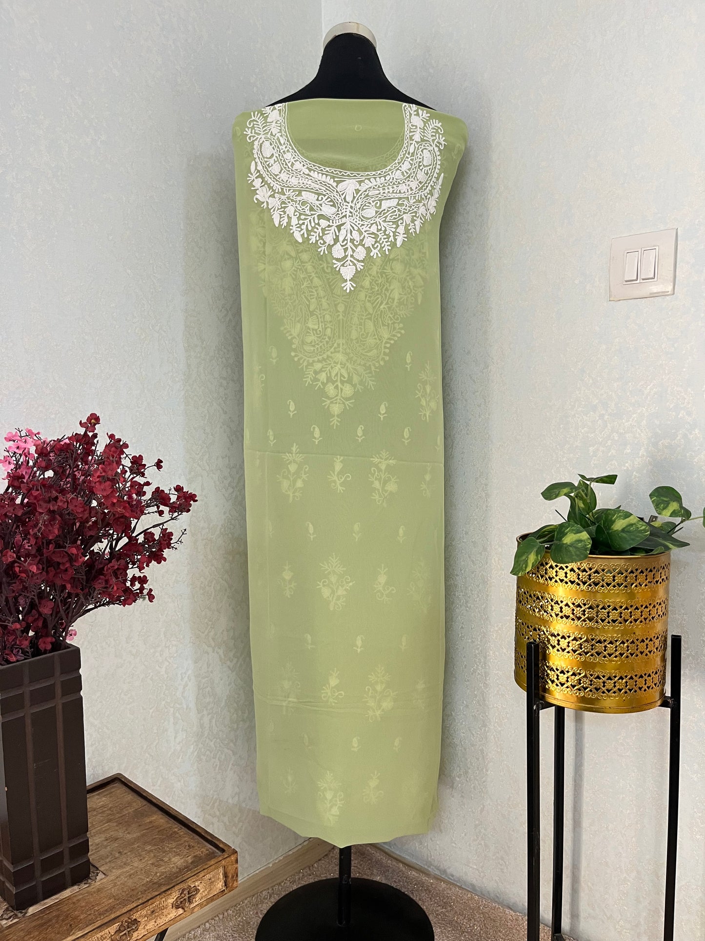 Pista Green Georgette Kashmiri Unstitched Kurta Material