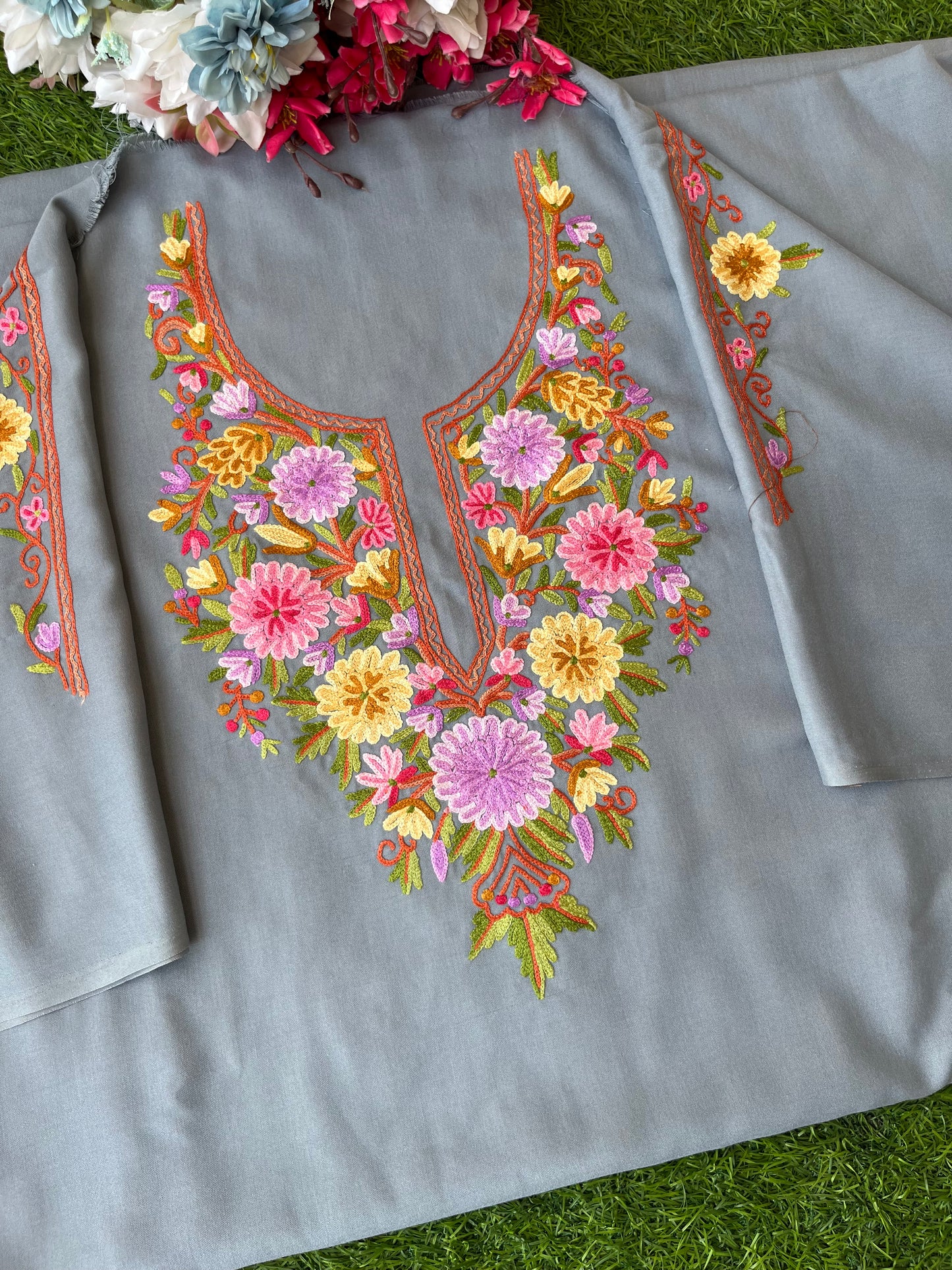 Grey Cotton Two Piece Suit (Hand Embroidered)