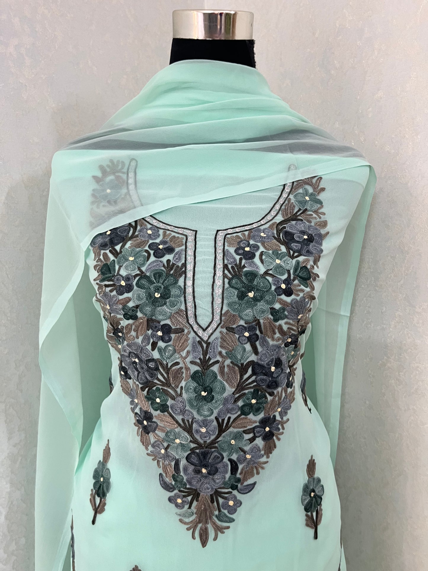 Mint Green Georgette 3Pc Kashmiri Suit