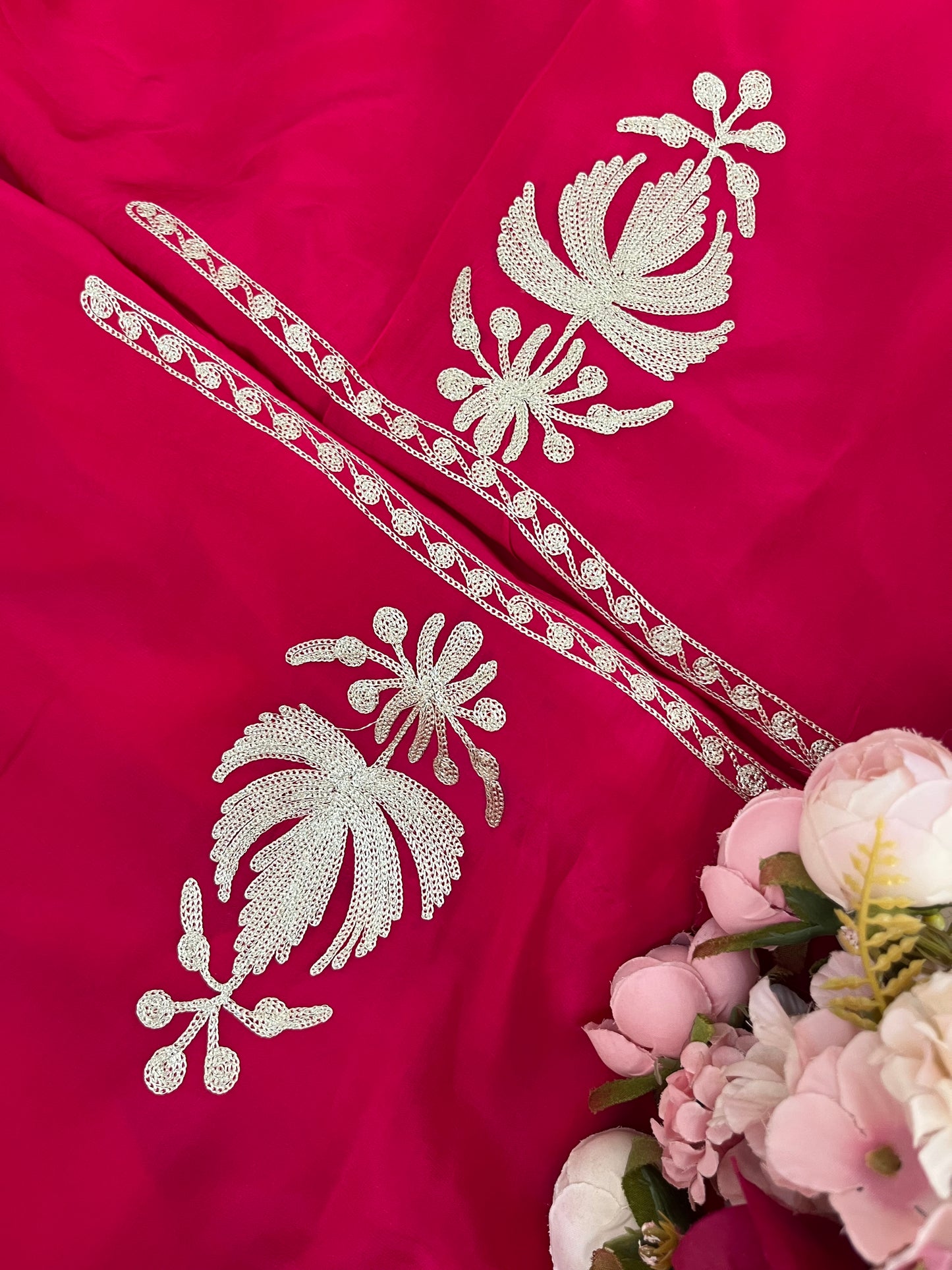 Fuchsia Pink Crape Kashmiri Suit with Clutch