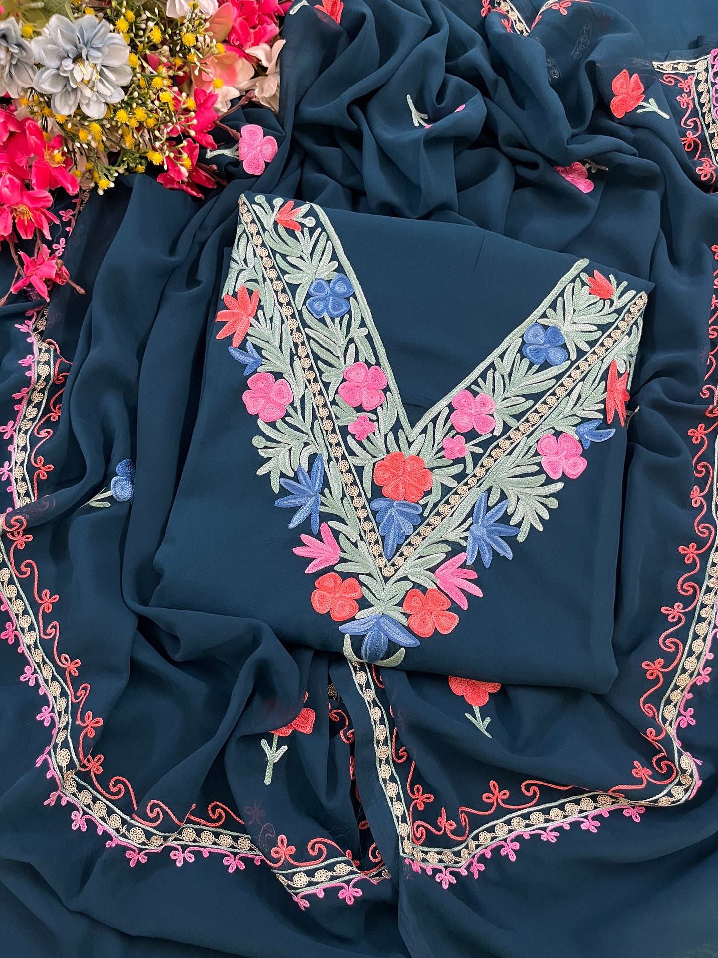 Teal blue Georgette 3 Pc Aari Embroidered Suit Set