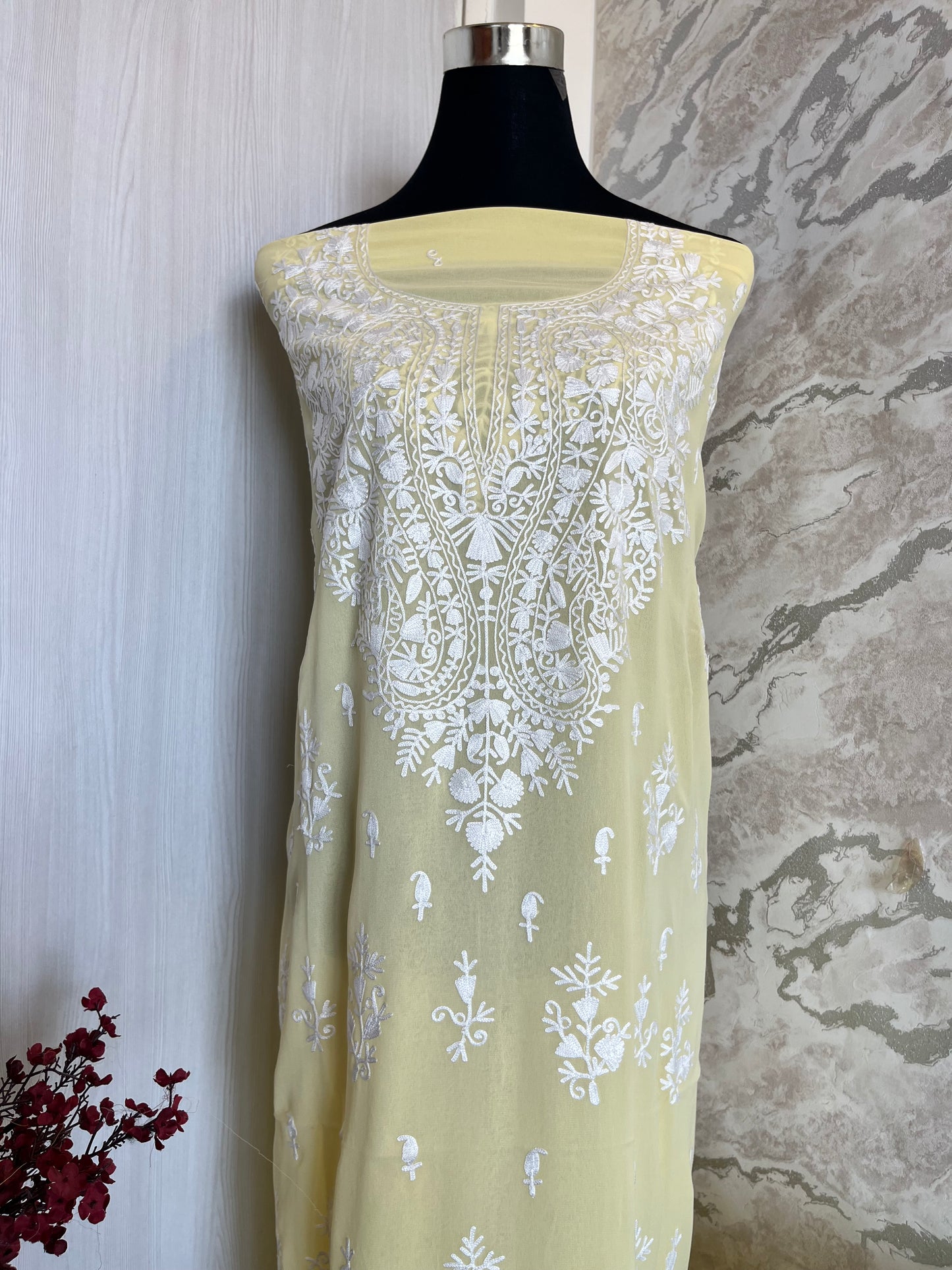 Georgette Lemon Yellow All over Work Aari Embroidered Unstitched Kurta Material