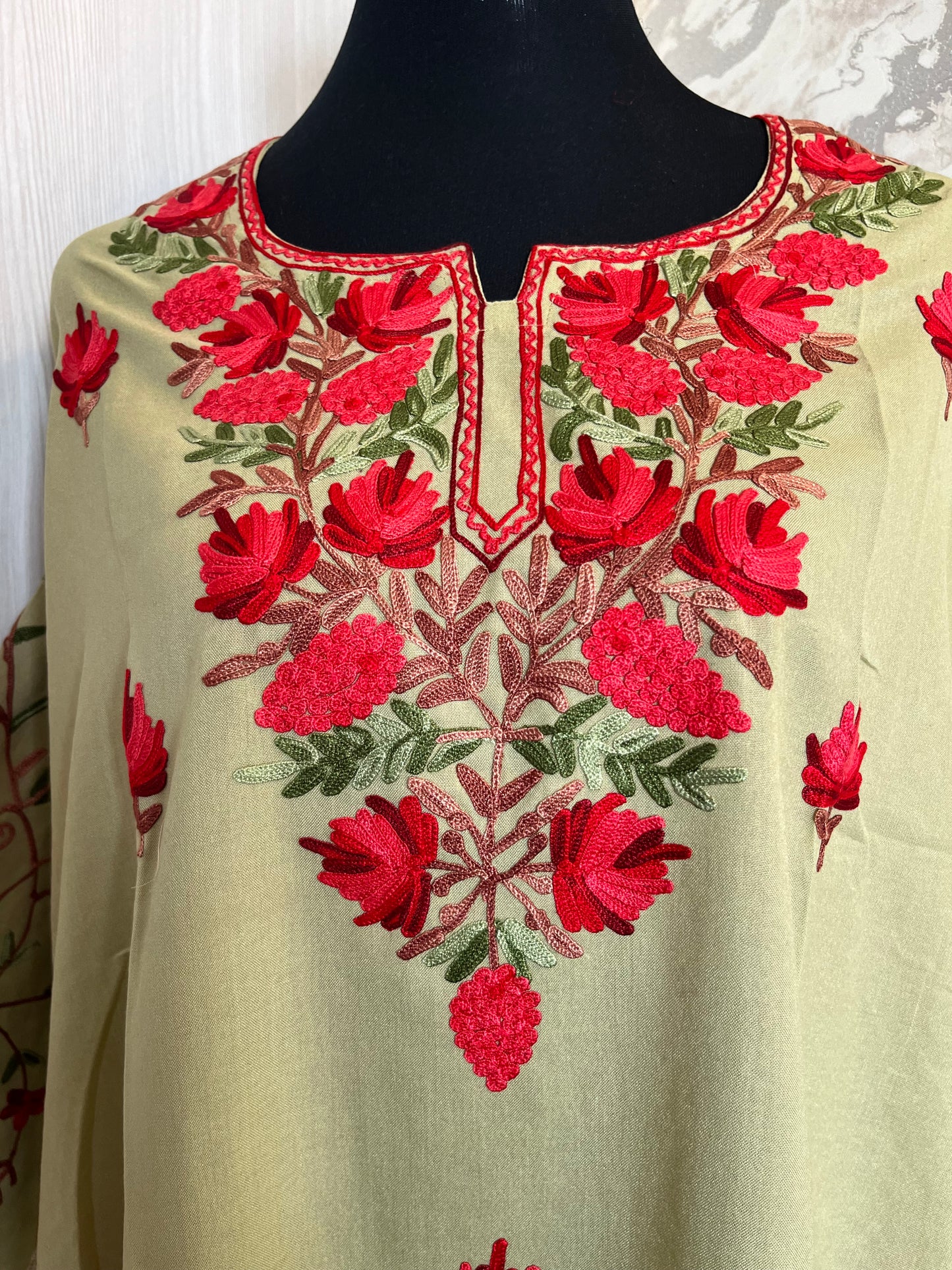 ‘Bageecha’ Pista Green Cotton Semi Stitched Cream Aari Work Kurti